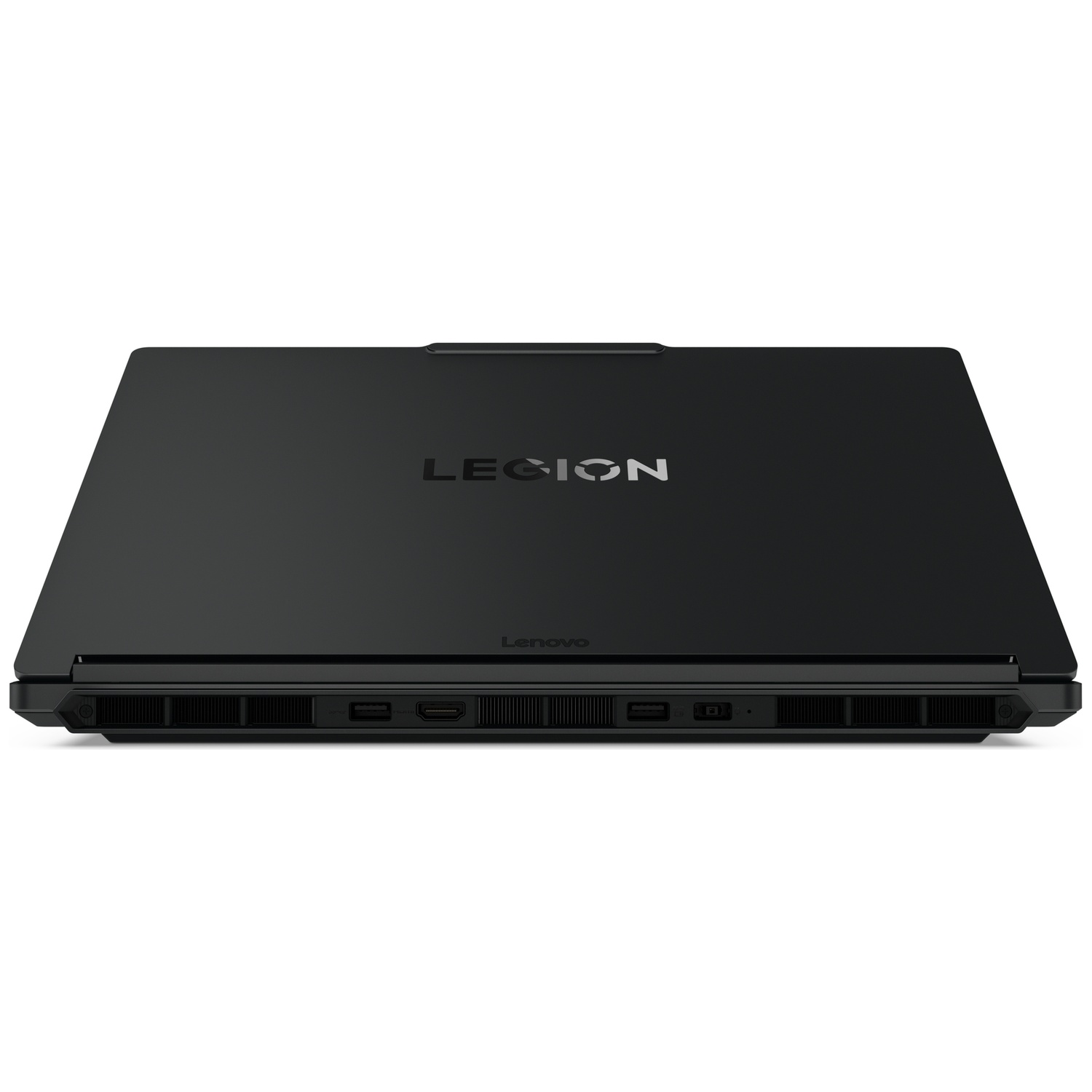 Rear view of a closed black Lenovo Legion laptop with visible ports.