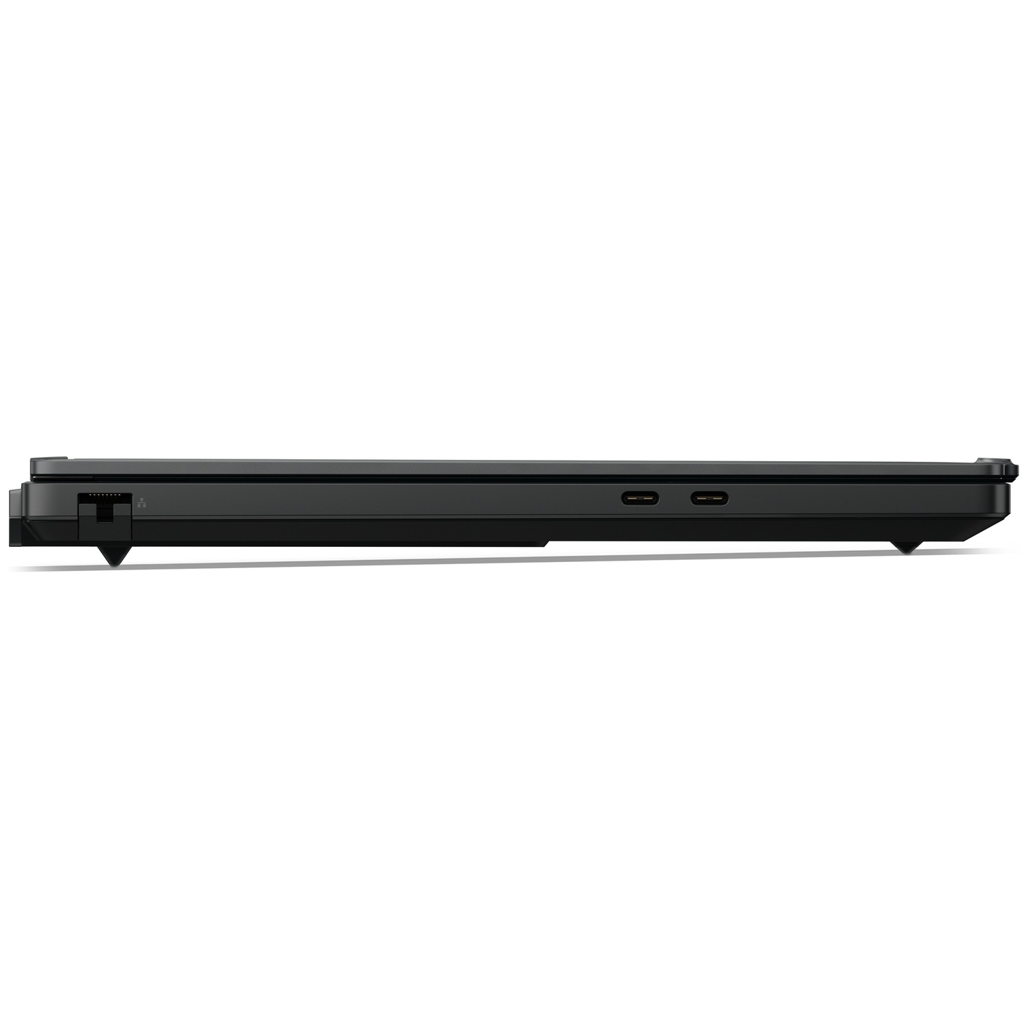 Side view of a black laptop showing USB-C ports and an Ethernet port on a white background.