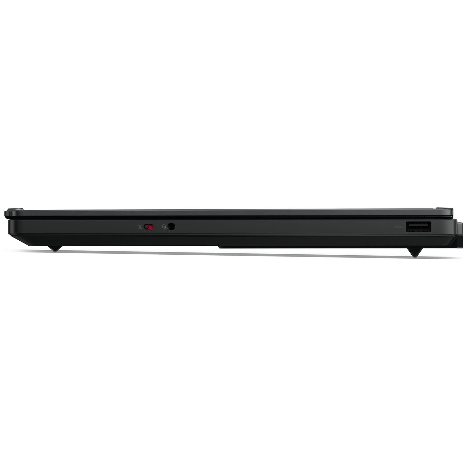 Side view of a black laptop showing ports and switches against a white background.