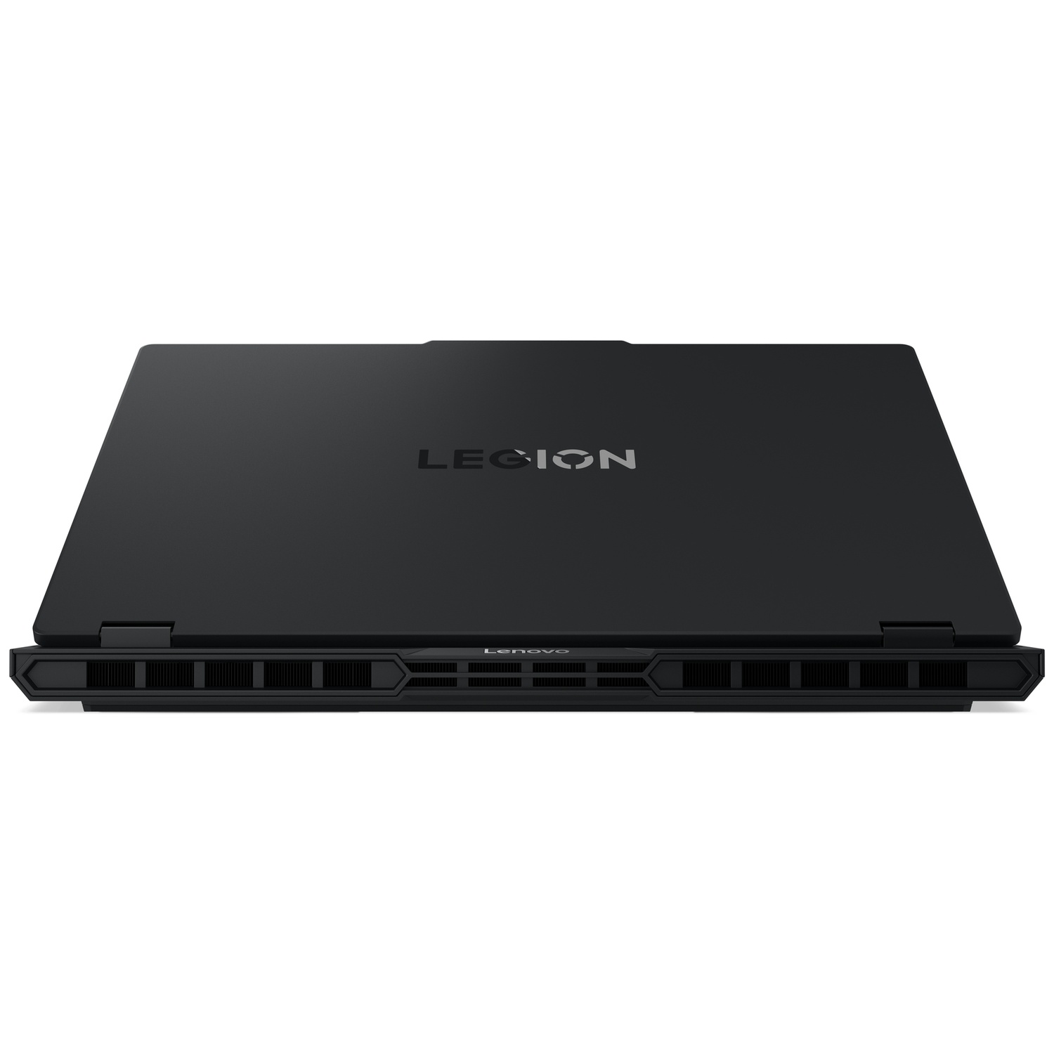 Ordinateur portable Lenovo Legion noir fermé avec aérations arrière visibles sur fond blanc.