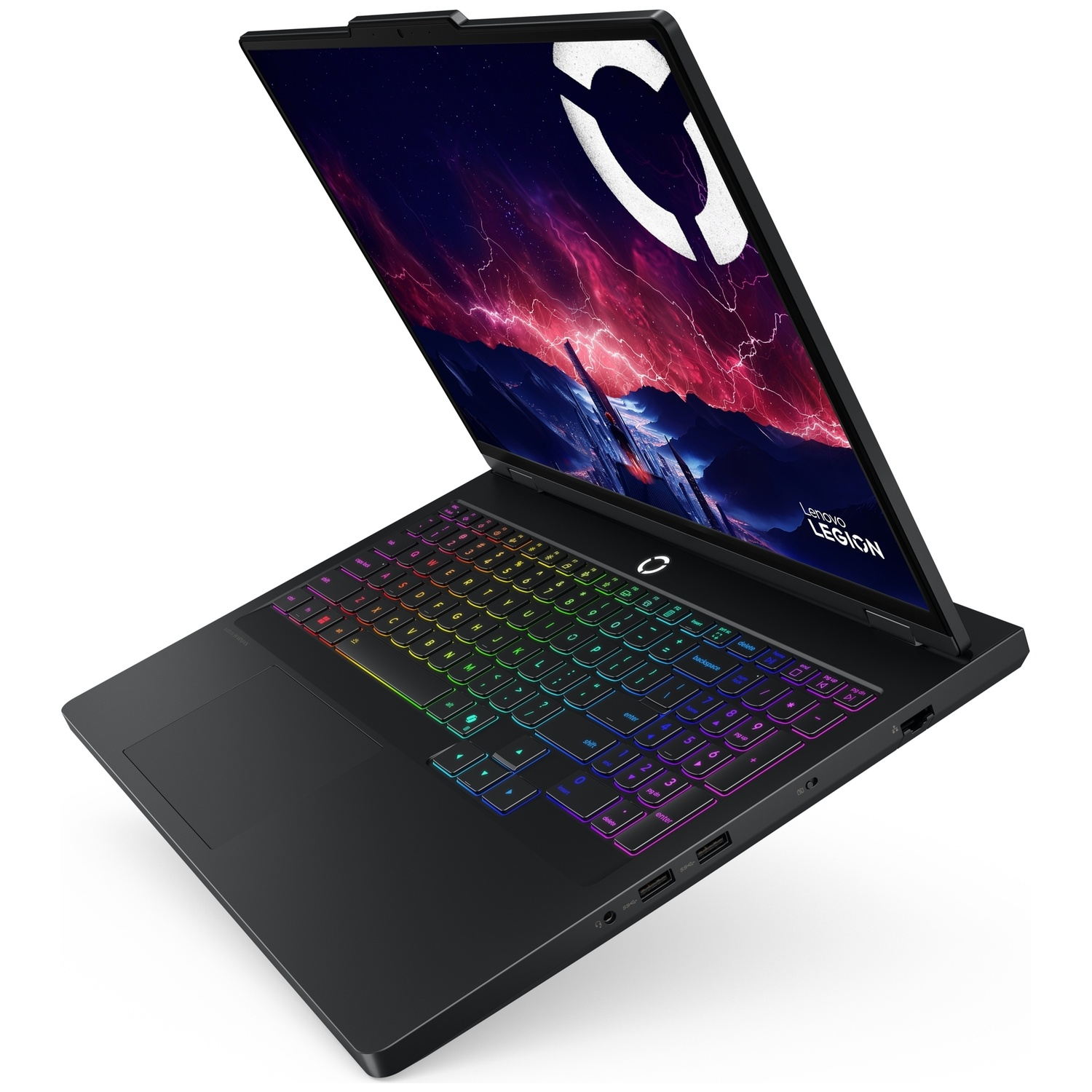 Ordinateur portable noir avec clavier rétroéclairé RVB et fond d'écran coloré.