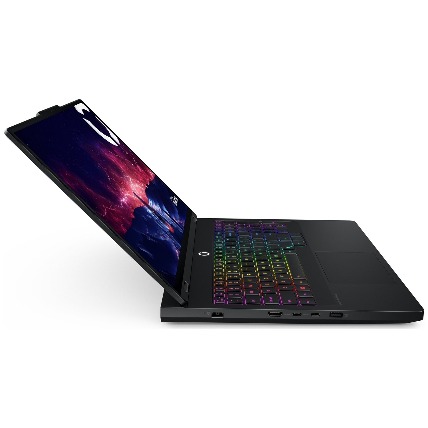 Un ordinateur portable de jeu noir avec clavier rétroéclairé RVB et écran coloré sur fond blanc.