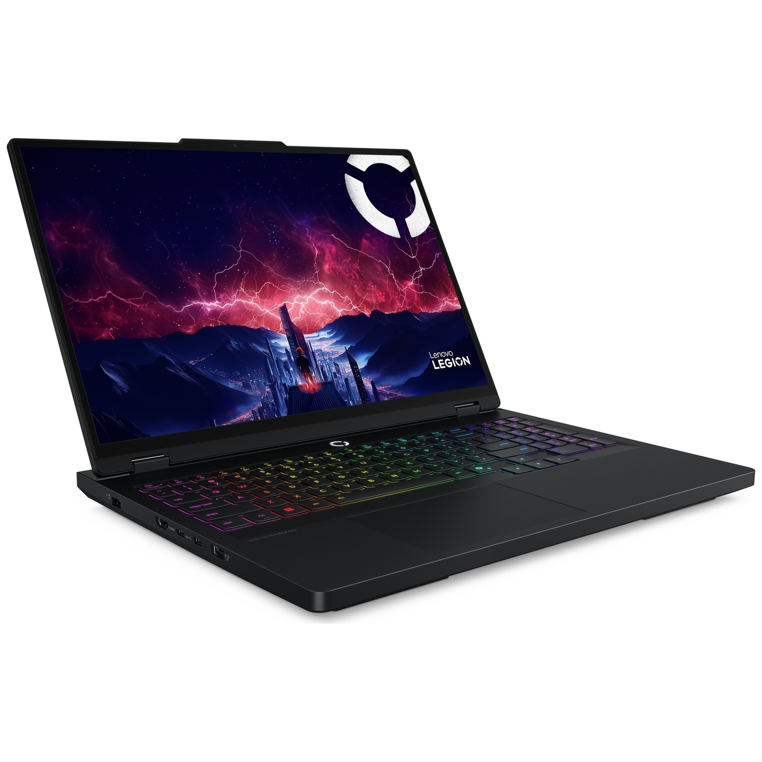Un ordinateur portable noir Lenovo Legion avec clavier RGB coloré et un fond d'écran d'orage.