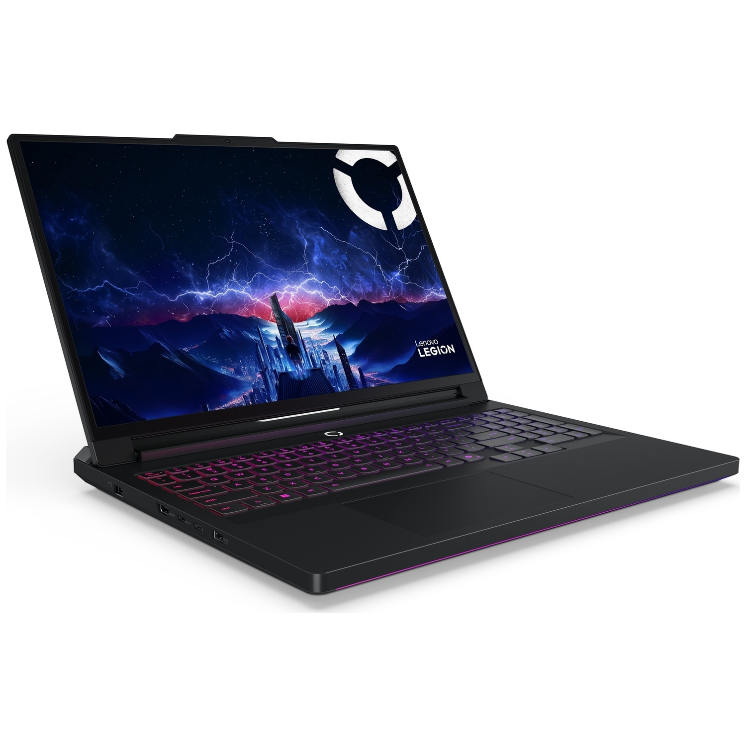 Ordinateur portable de jeu Lenovo Legion noir avec clavier rétroéclairé et écran futuriste sur fond blanc.
