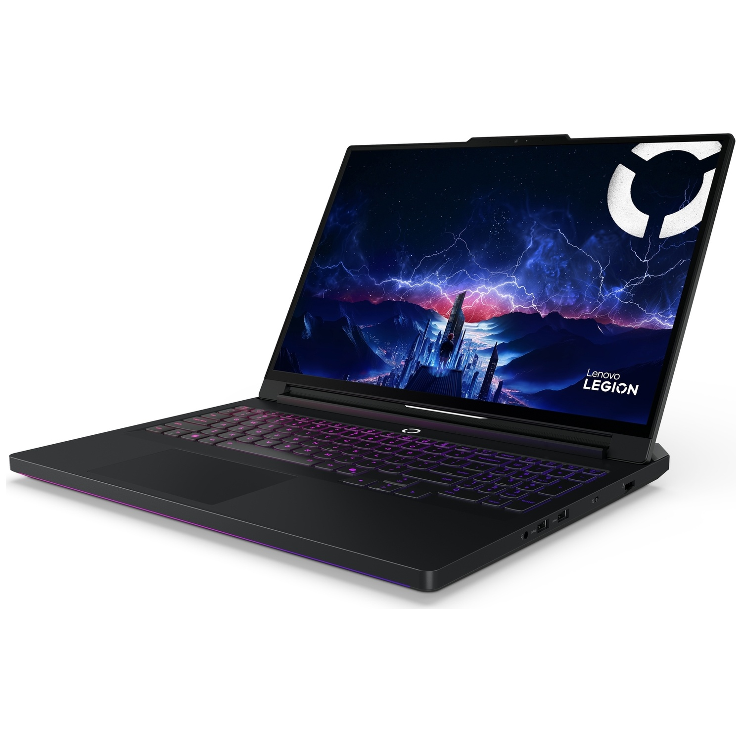 Un ordinateur portable de jeu noir Lenovo Legion avec un clavier rétroéclairé et un fond d'écran futuriste.