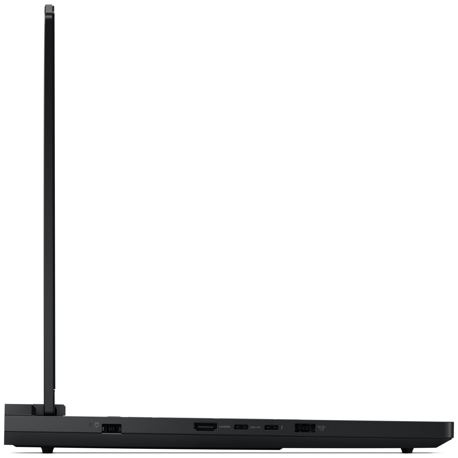 Vue latérale gauche d'un ordinateur portable noir avec des ports.