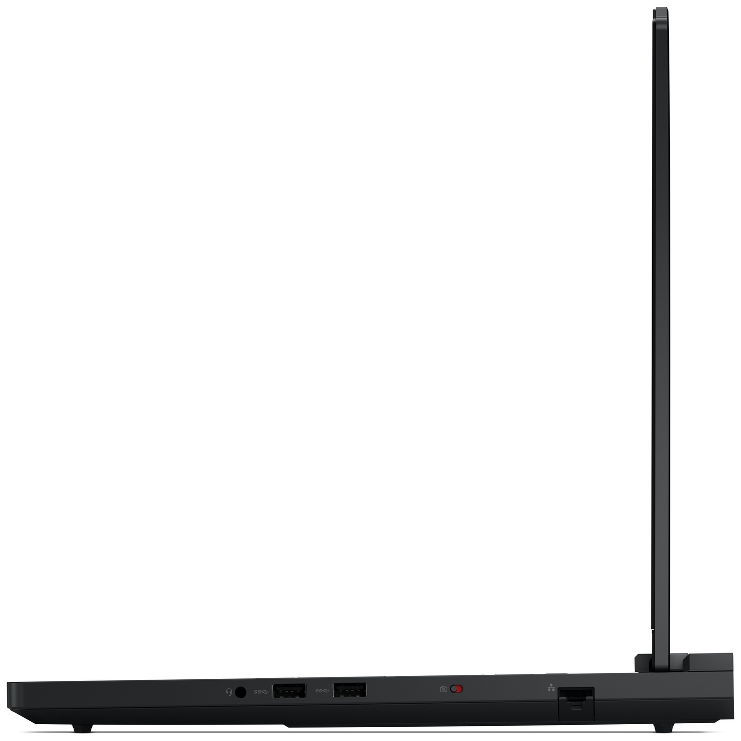 Vue latérale d'un ordinateur portable noir avec des ports et un interrupteur rouge.