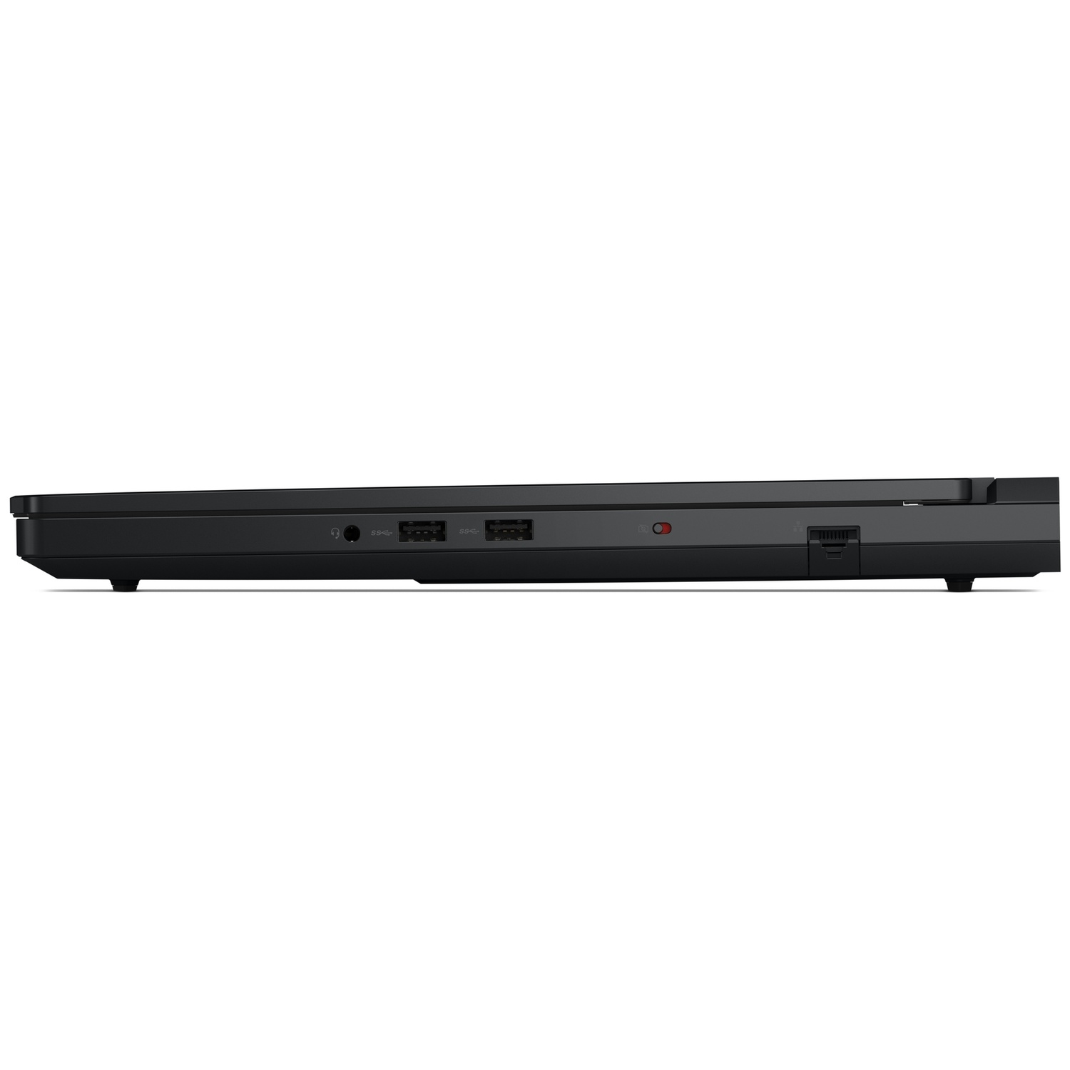 Vue latérale d'un ordinateur portable noir avec prise audio, deux ports USB, un interrupteur et port Ethernet.