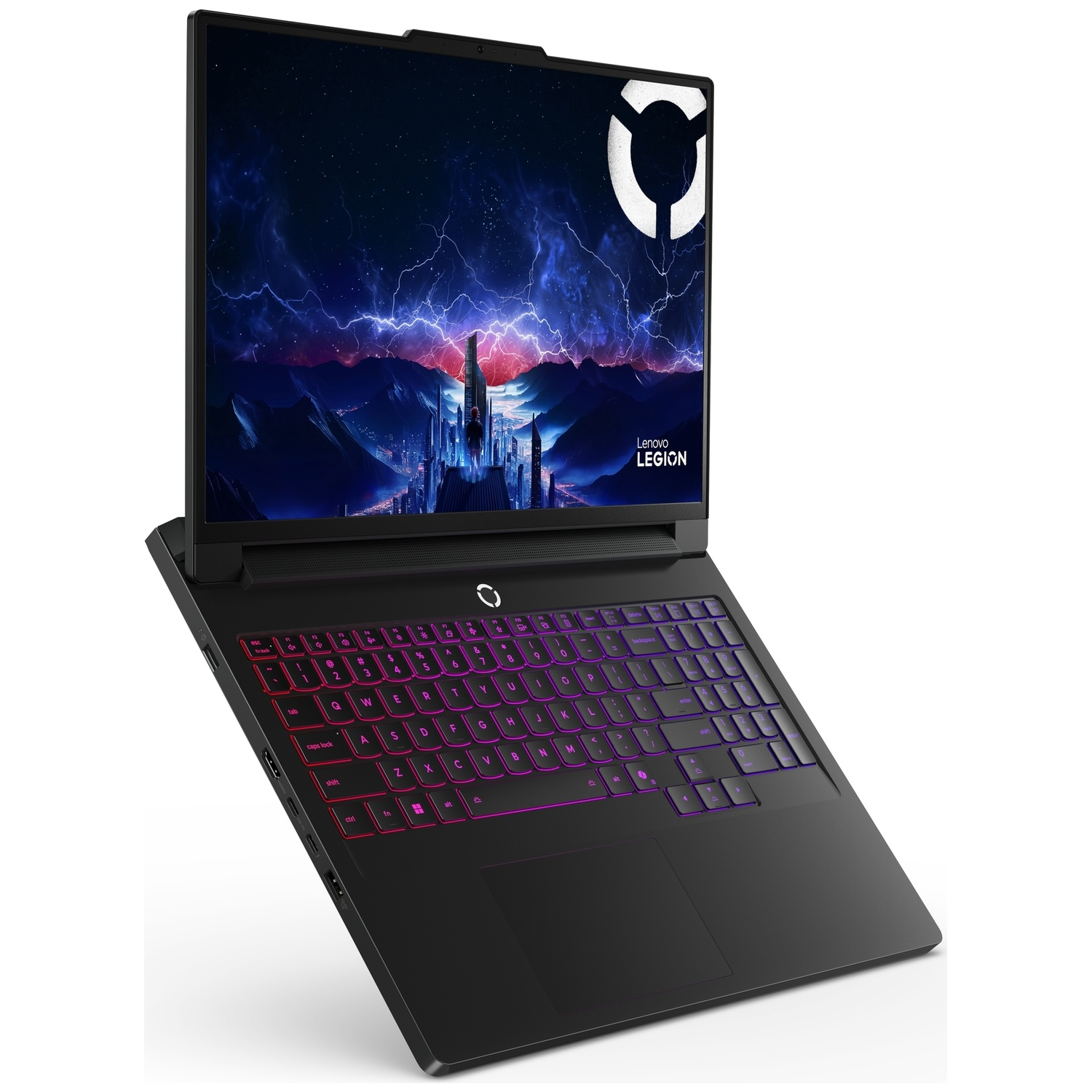 Ordinateur portable de jeu Lenovo Legion noir avec clavier rétroéclairé et fond d'écran futuriste.