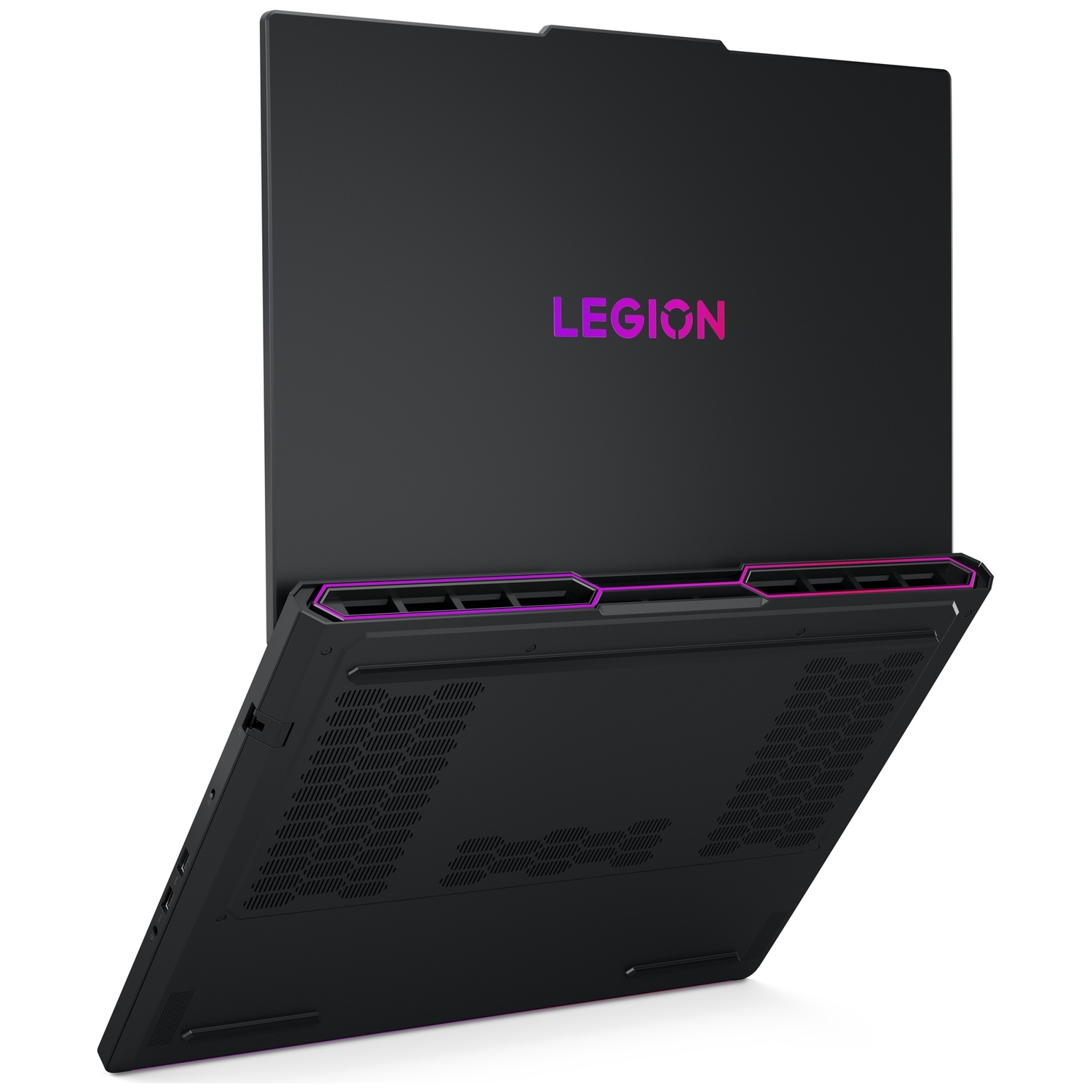 Vue arrière d'un ordinateur portable noir Lenovo Legion avec logo rose et évents violets.
