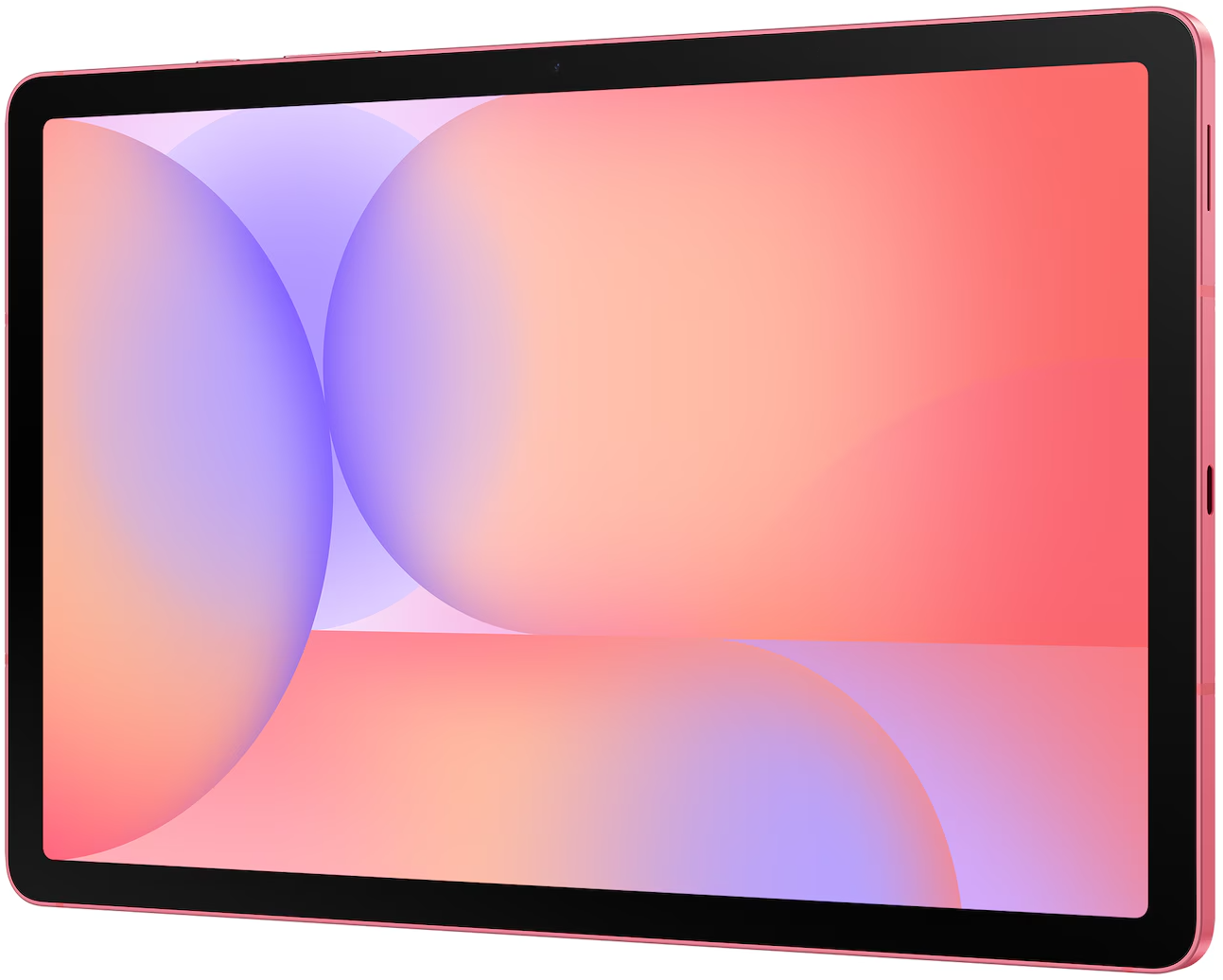 Egy rózsaszín tablet színes, absztrakt háttérképet mutat rózsaszín és lila körökkel.