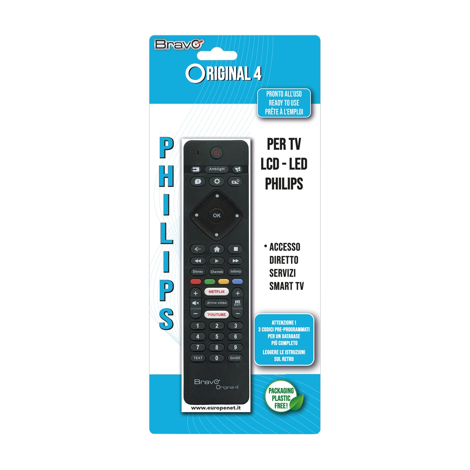 Un telecomando Philips nero nella sua confezione originale blu e bianca.