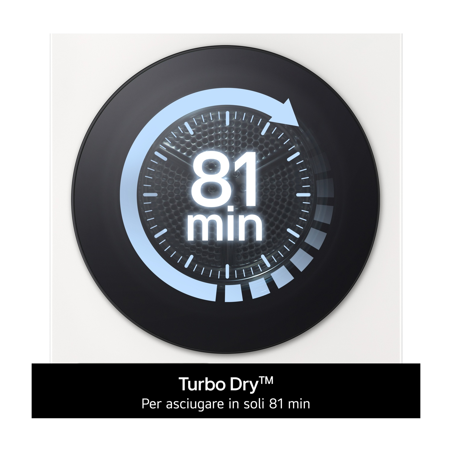 Un display circolare nero mostra 81 min in bianco, con una freccia blu chiara rotante e Turbo Dry sotto.