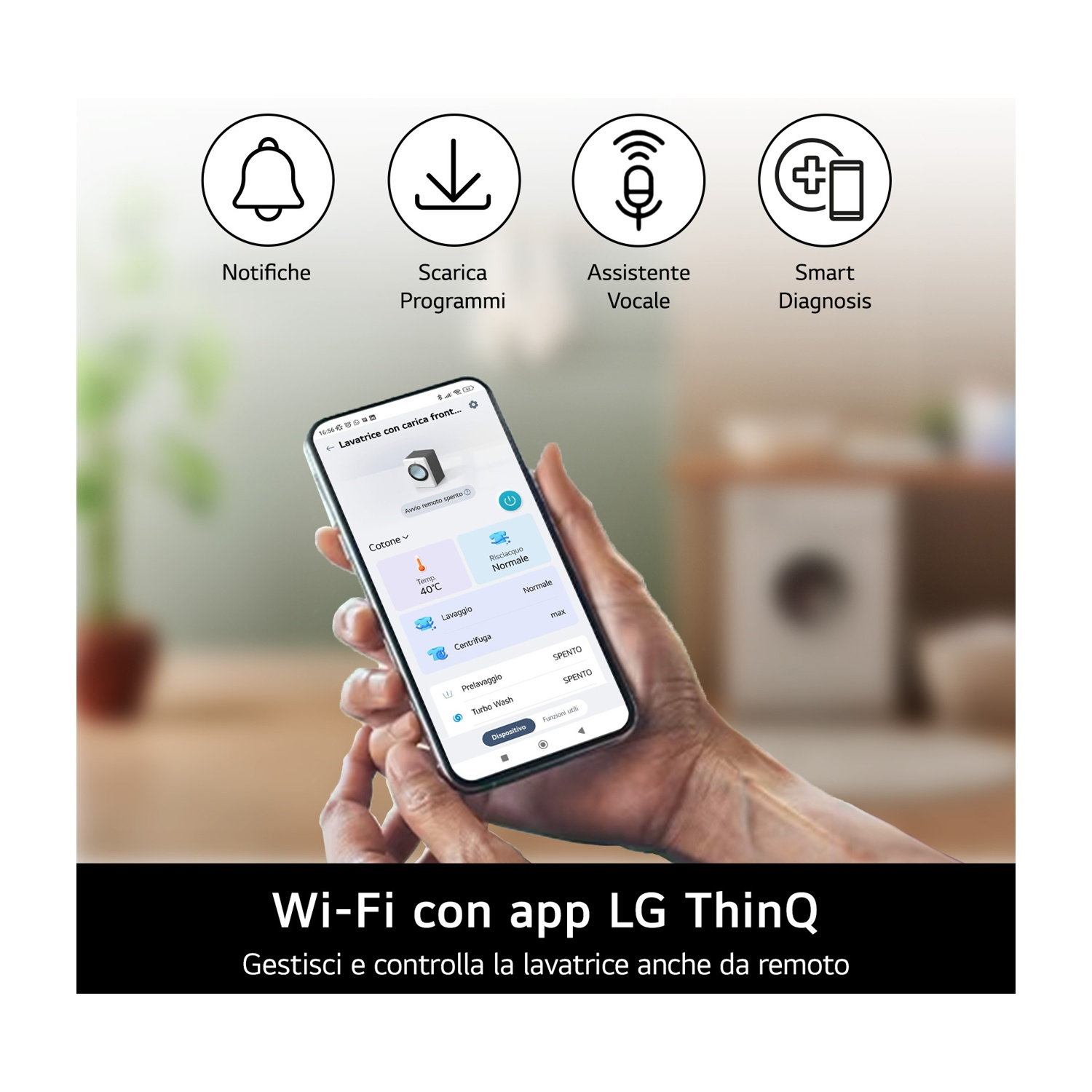 Smartphone con app LG ThinQ per il controllo remoto della lavatrice.