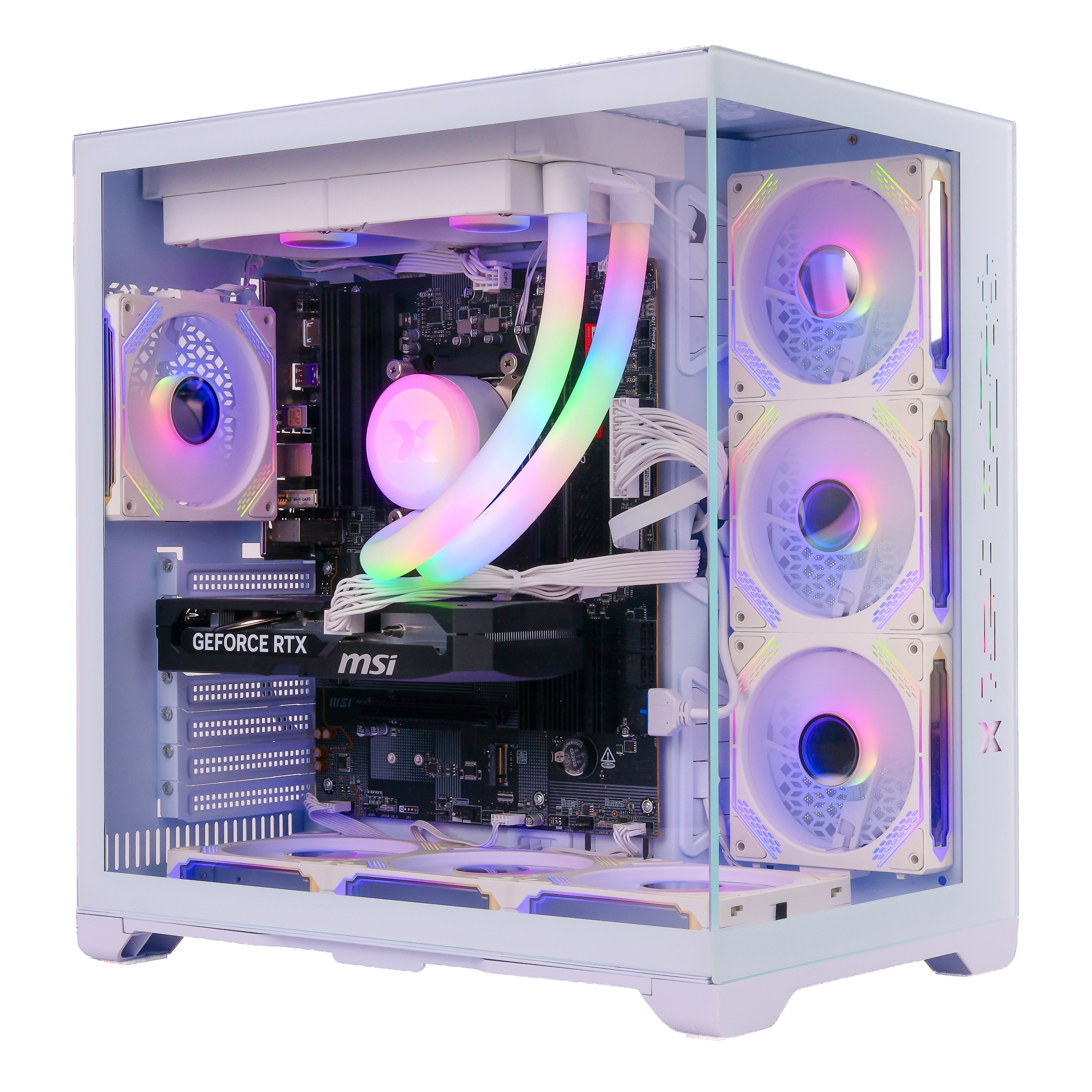 Ein weißer Gaming-PC mit RGB-Lüftern, einer MSI GeForce RTX Grafikkarte und flüssigkeitsgekühlter CPU.