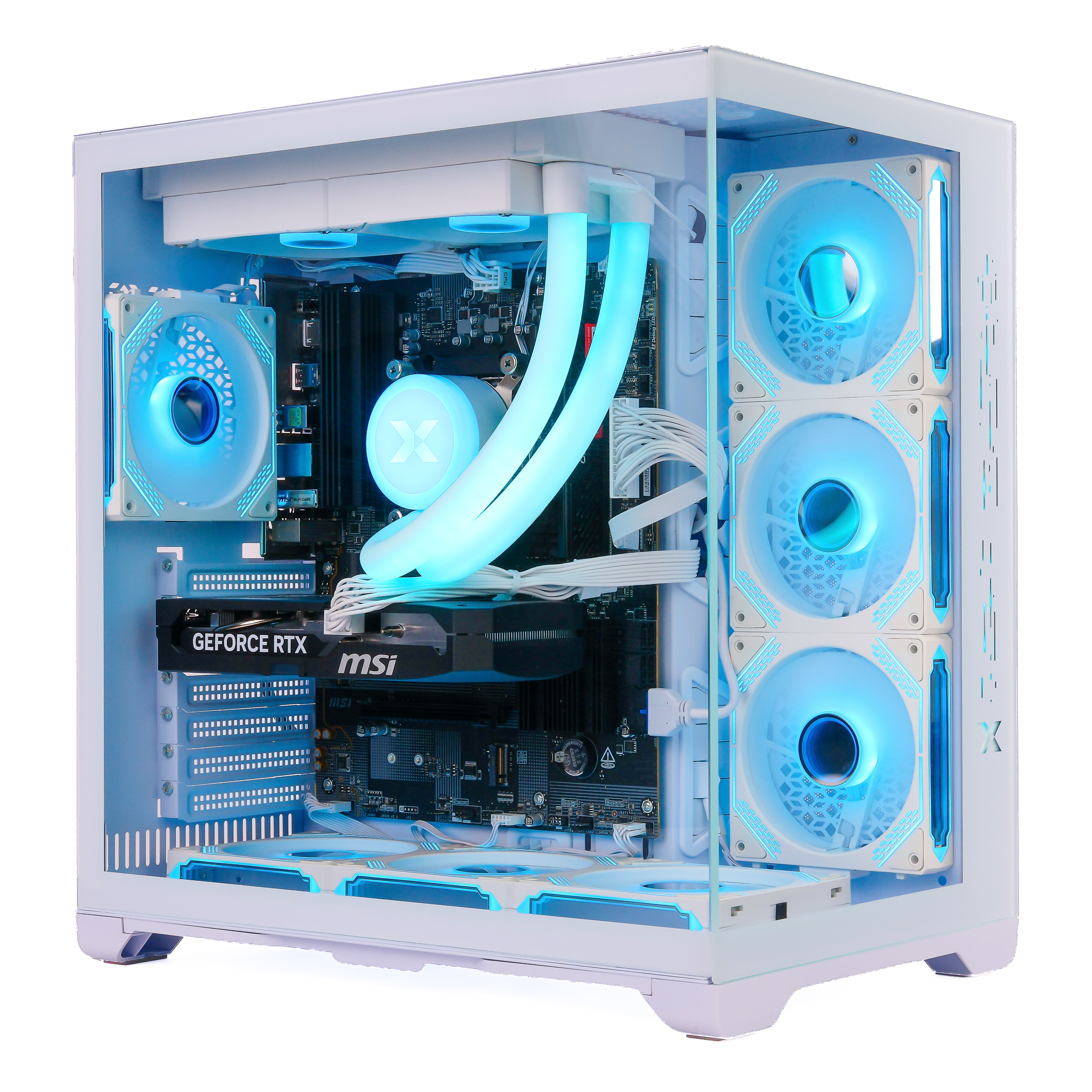 Ein weißes Gaming-PC-Gehäuse mit leuchtend blauen Lüftern, Wasserkühlung und einer GeForce RTX Grafikkarte.