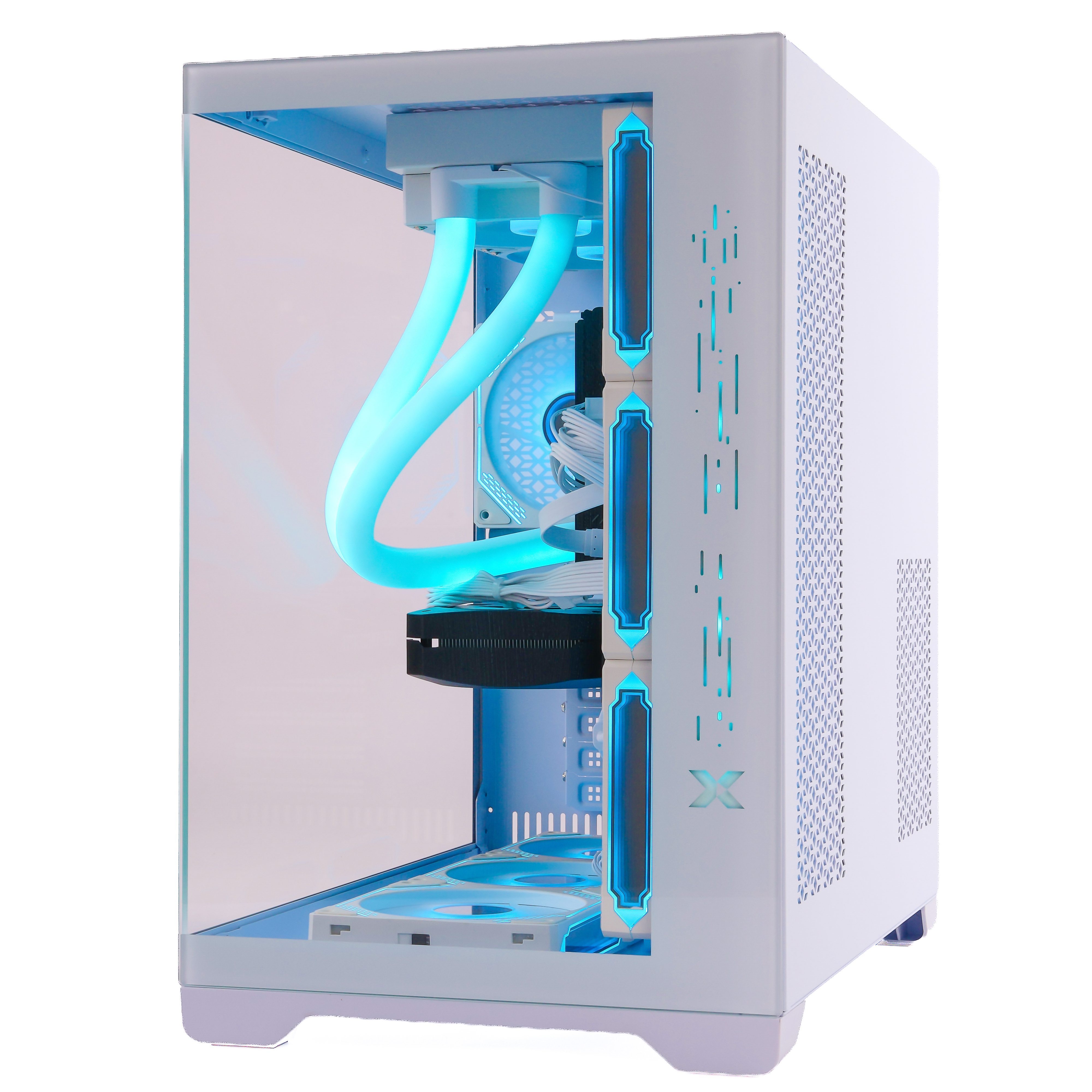 Ein weißes PC-Gehäuse mit leuchtenden cyanblauen Wasserkühlungsschläuchen und Lüftern.
