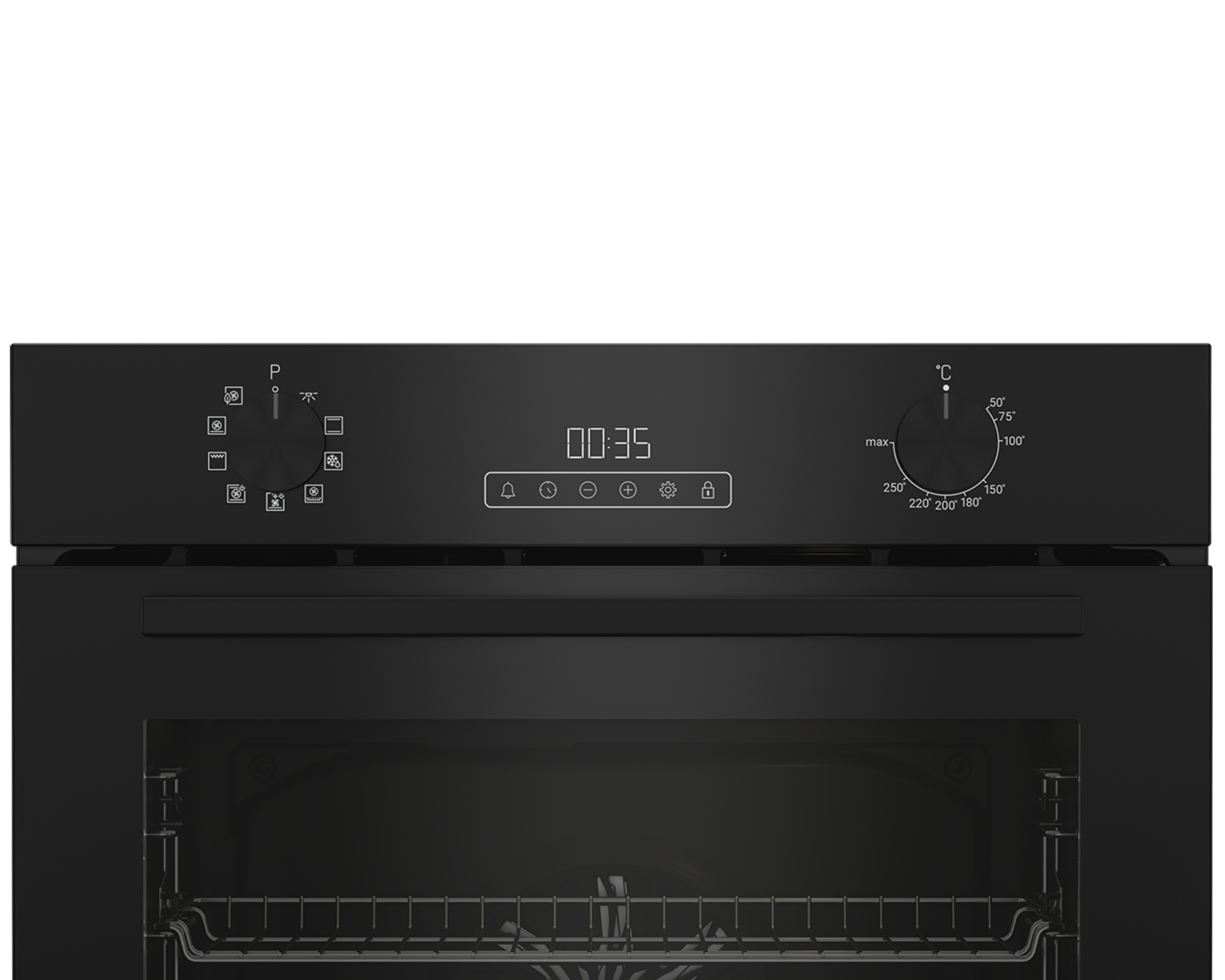Schwarzes Bedienfeld eines Backofens mit digitalem Display in der Mitte, zwei Drehknöpfen und Touch-Symbolen.