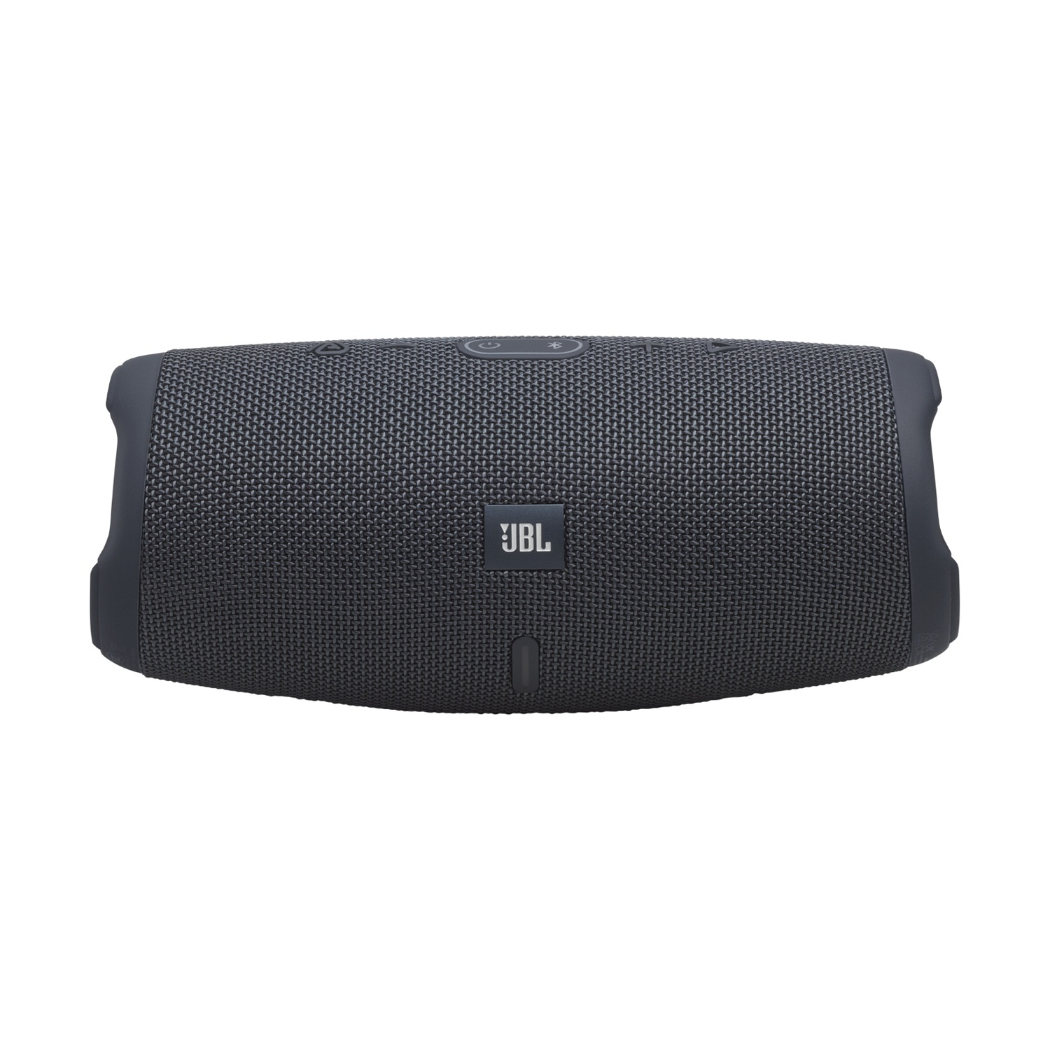 Un altoparlante Bluetooth JBL grigio su sfondo bianco con il logo del marchio al centro.