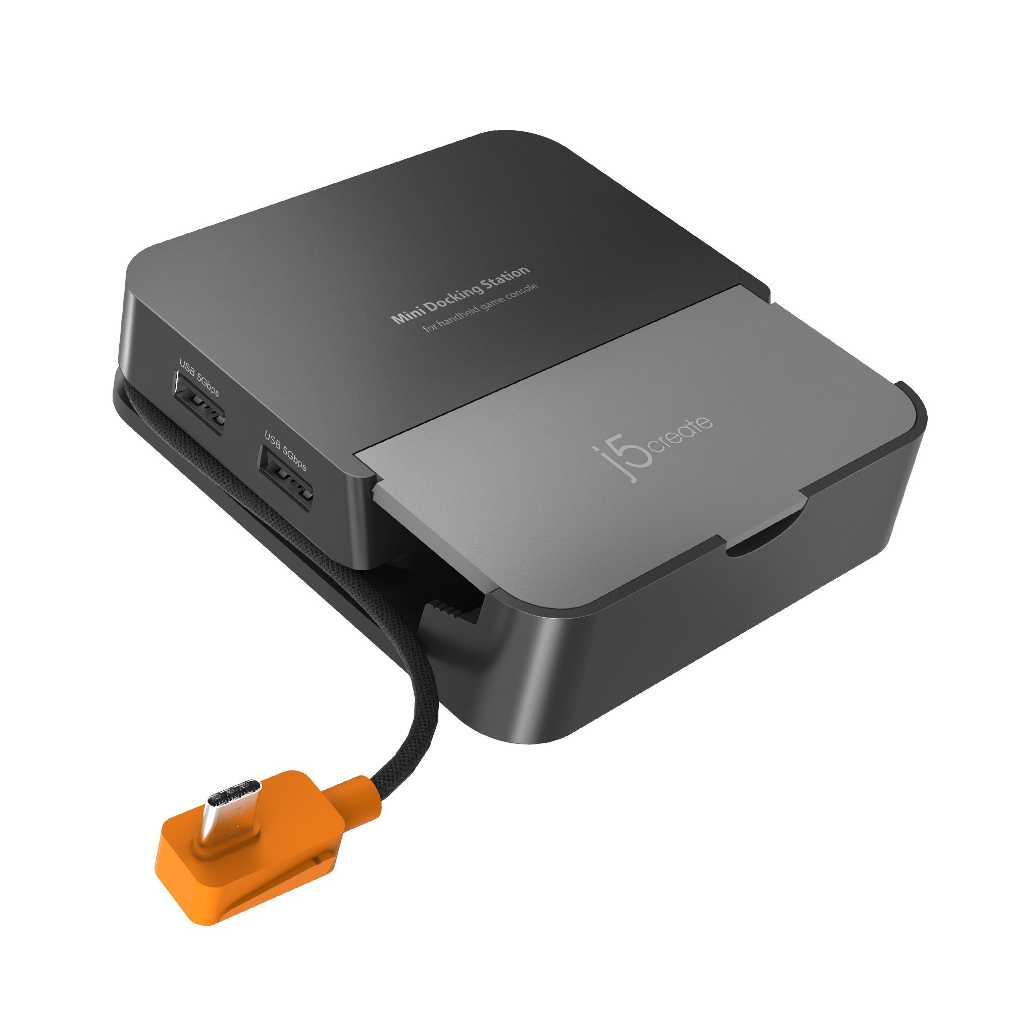 Eine schwarze Mini-Dockingstation mit zwei USB-Anschlüssen und einem orangefarbenen Kabel.