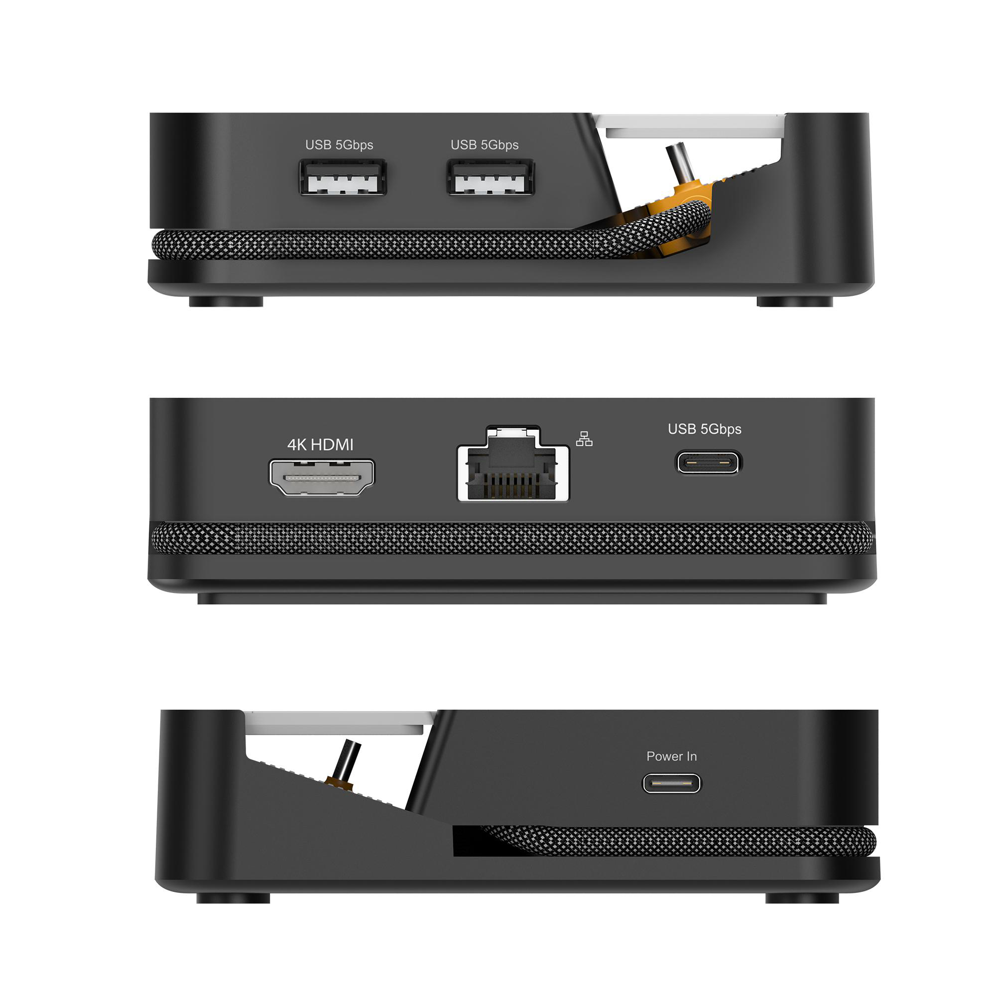 Drei Ansichten eines schwarzen Elektronik-Hubs mit USB-, HDMI-, Ethernet- und Stromanschlüssen sowie integriertem Kabel.