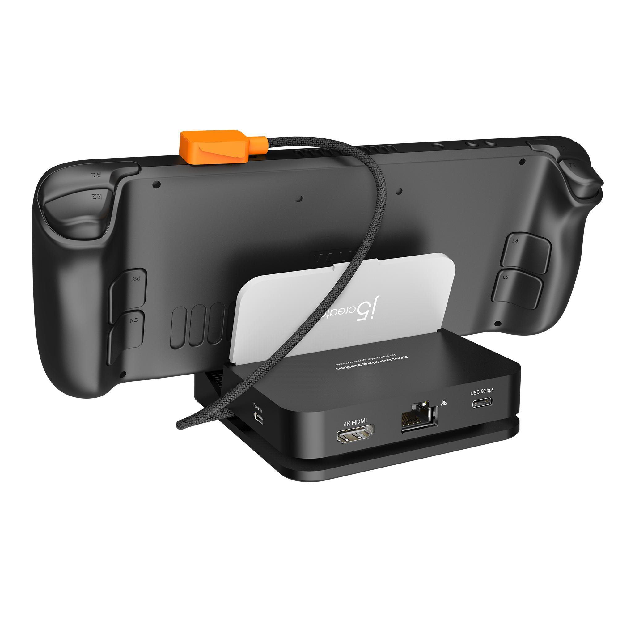Schwarze Handheld-Spielkonsole in einer weißen und schwarzen Mini-Dockingstation auf weißem Hintergrund.