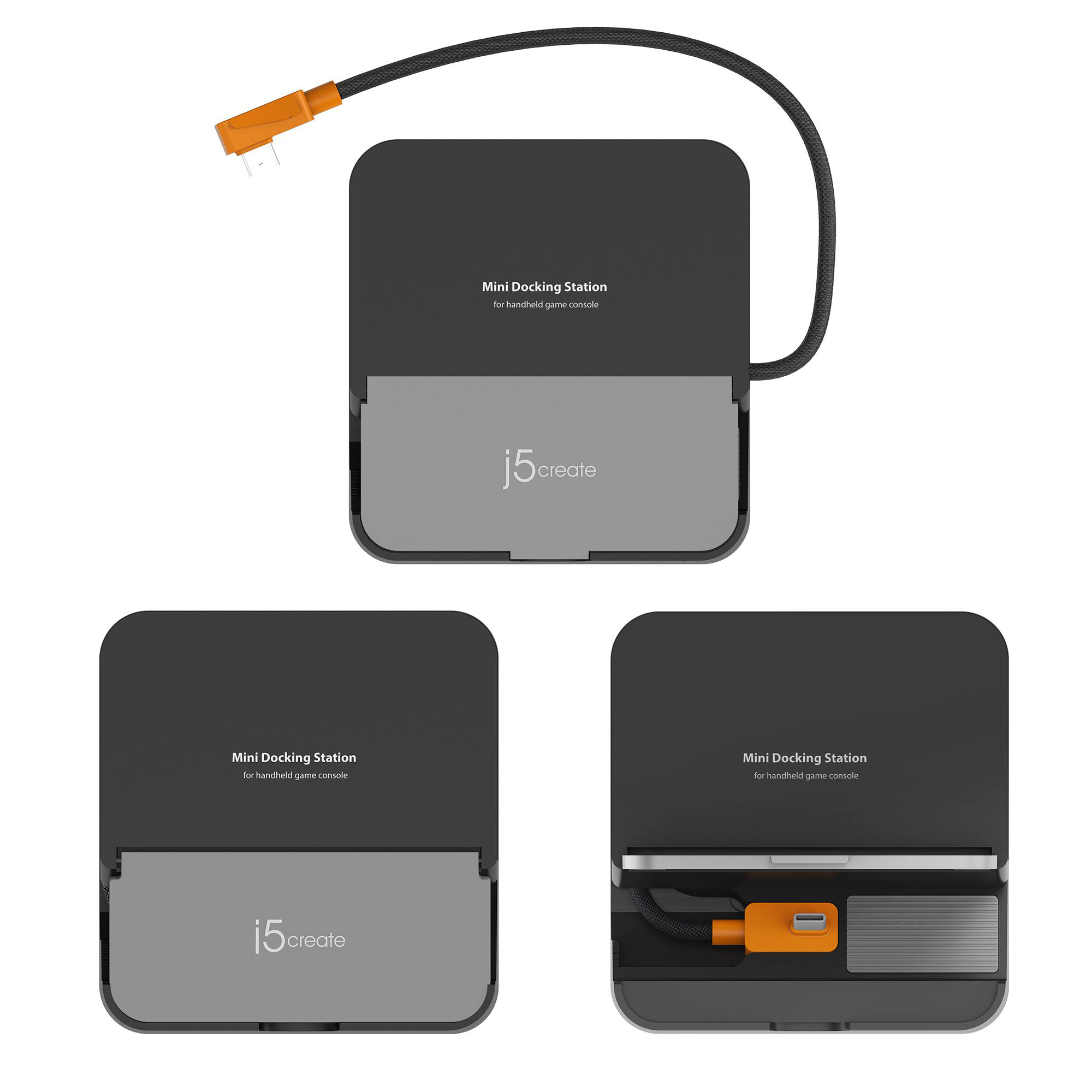 Drei Ansichten einer grauen und schwarzen Mini-Dockingstation für tragbare Spielkonsolen von j5create.