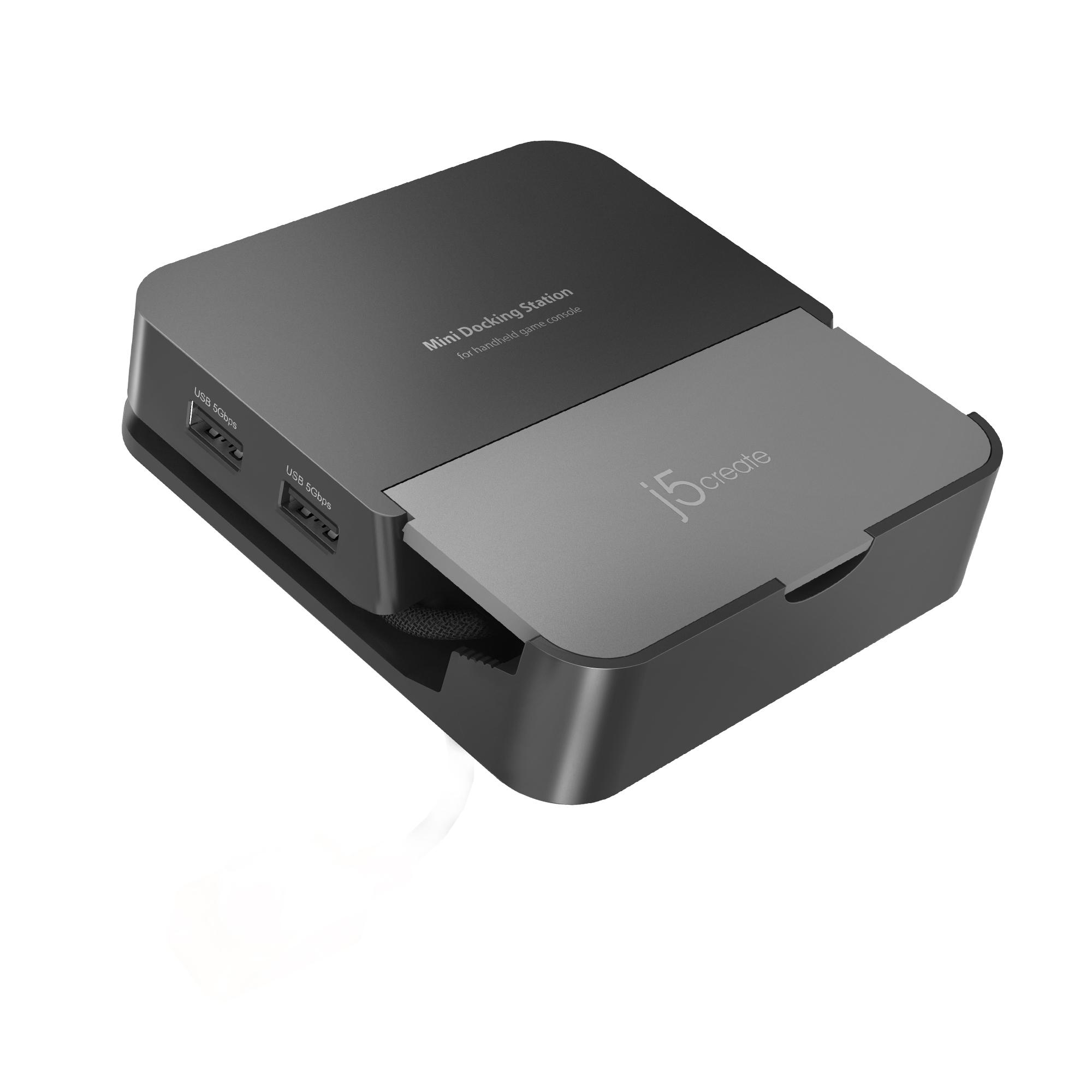 Schwarze Mini-Dockingstation für Handheld-Spielekonsolen mit zwei USB-Anschlüssen.