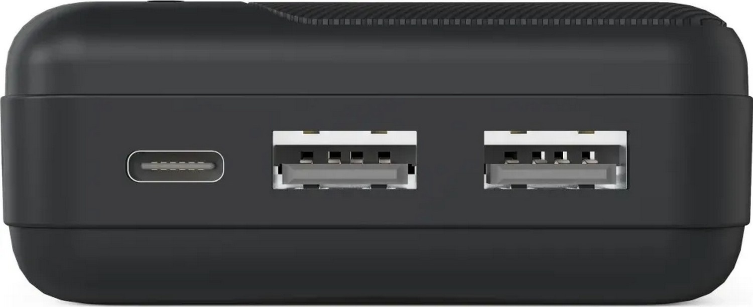 Czarny powerbank z jednym portem USB-C i dwoma portami USB-A.