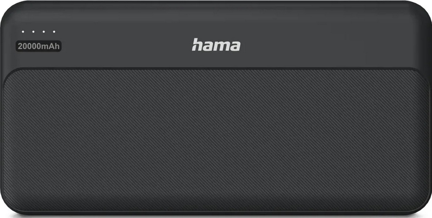 Czarny powerbank Hama 20000mAh ze wskaźnikami LED i teksturowaną powierzchnią na neutralnym tle.