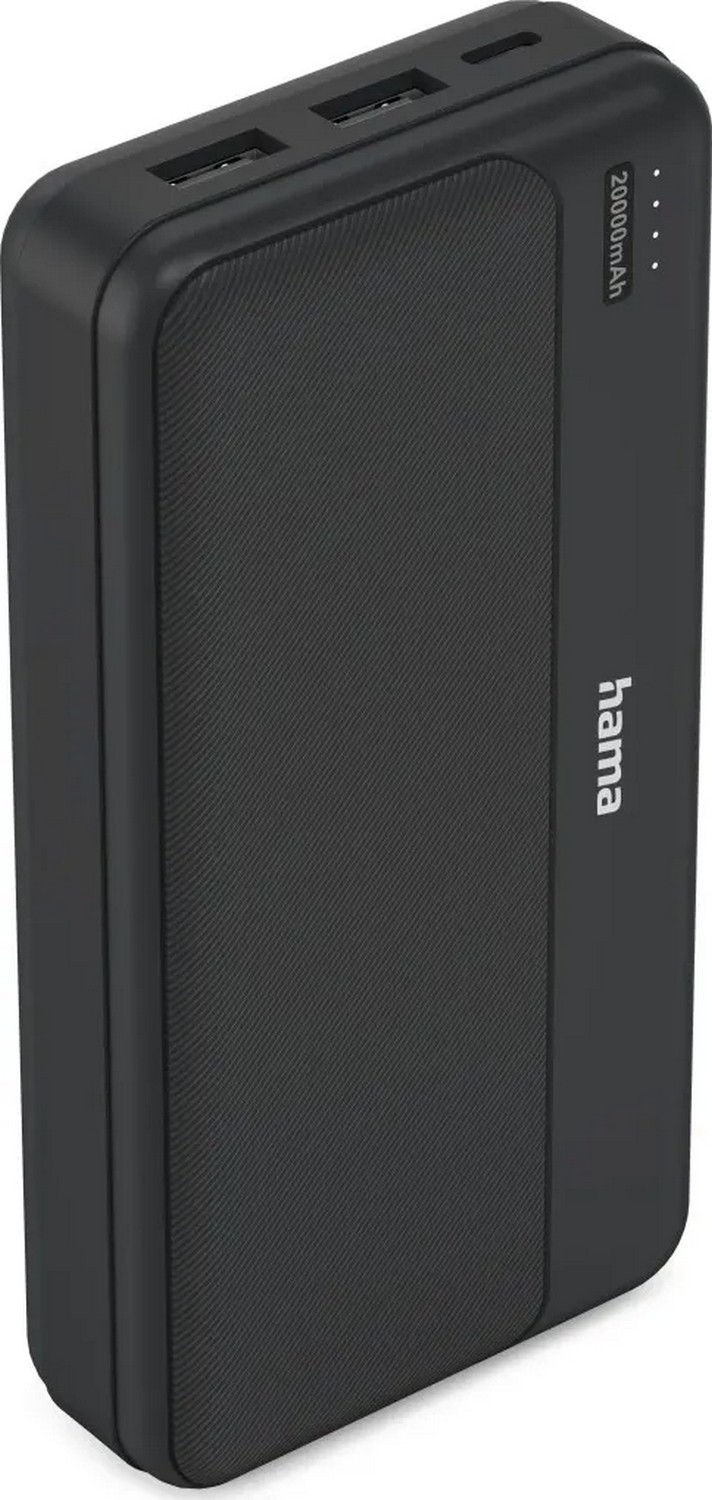 Czarny powerbank Hama 20000mAh z teksturowaną powierzchnią i wieloma portami USB.