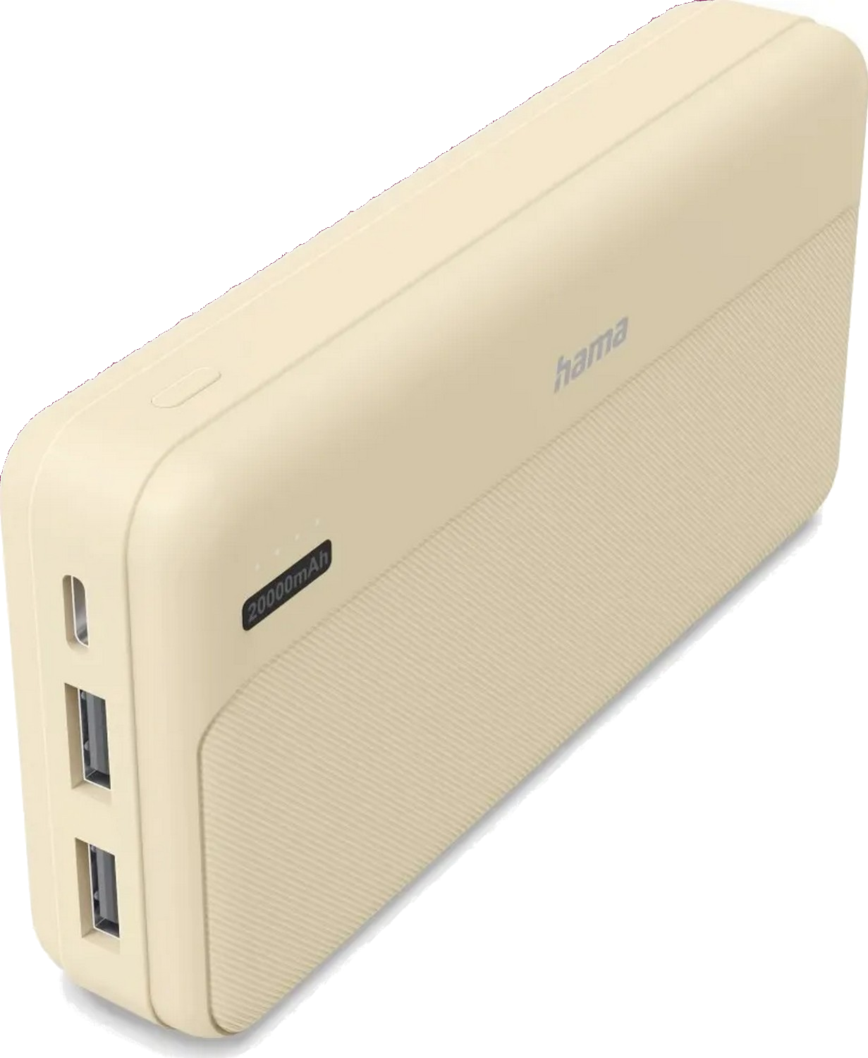 Beżowy powerbank Hama o pojemności 20000mAh z portami USB na czarnym tle.