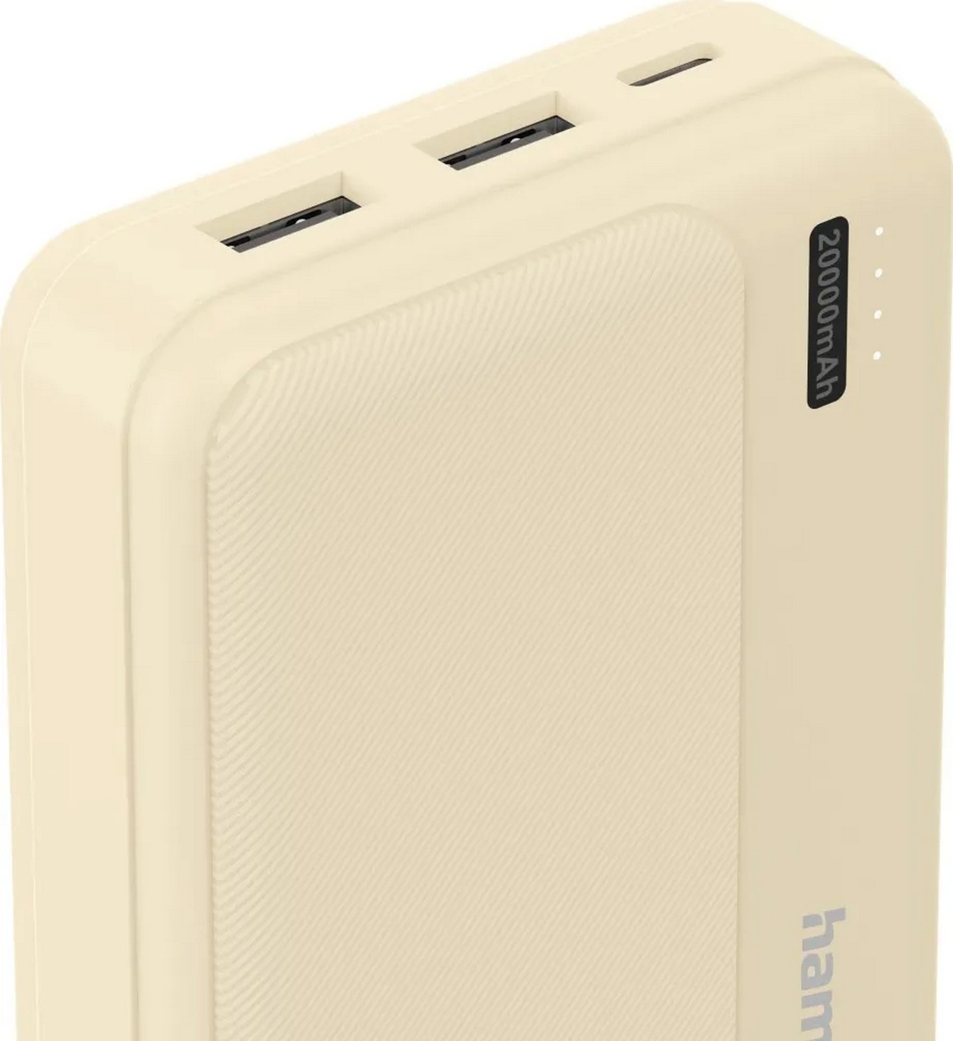 Kremowy powerbank o pojemności 20000mAh z portami USB.