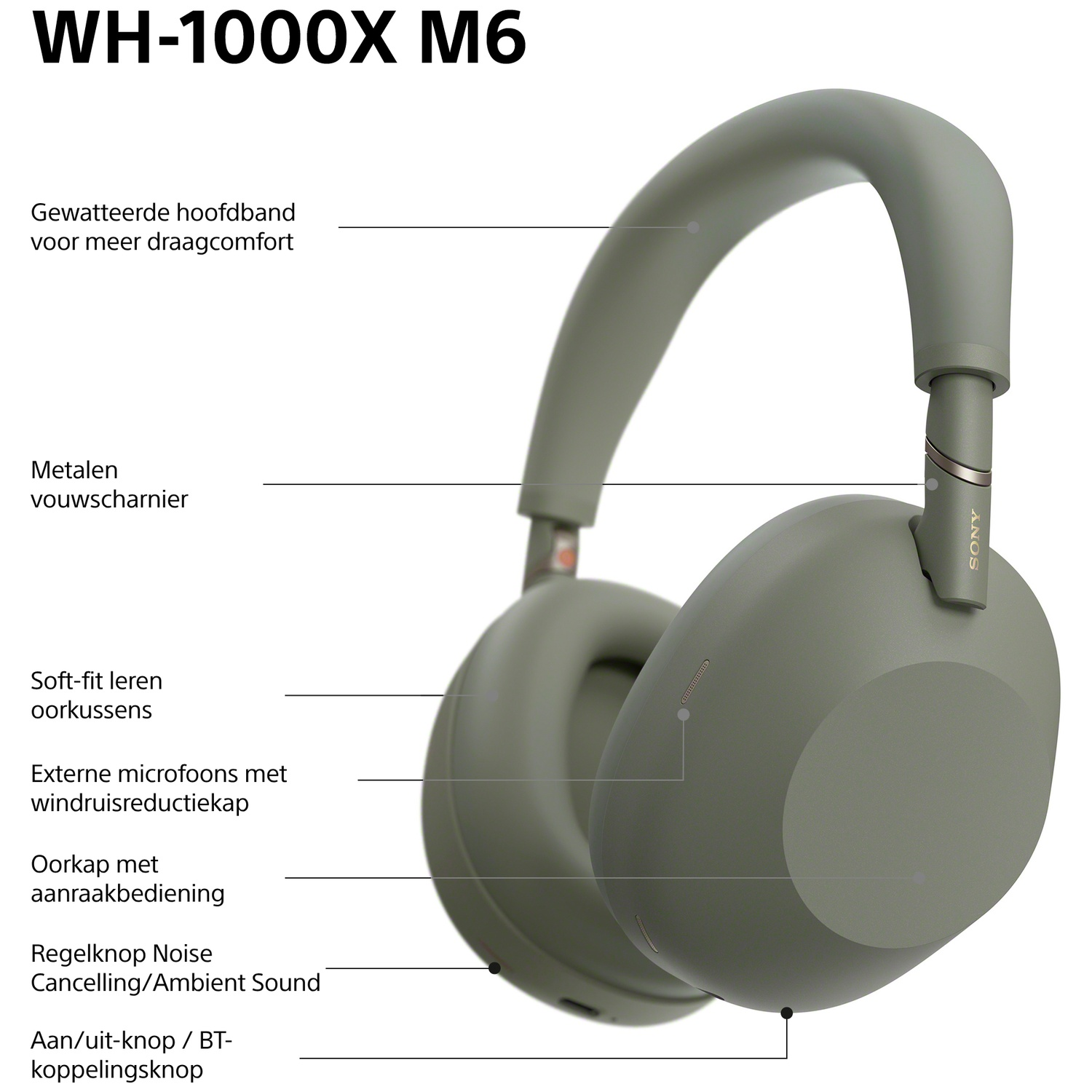 SONY WH-1000XM6 Olive Grey Over-ear Draadloze hoofdtelefoon Met Noise-cancelling