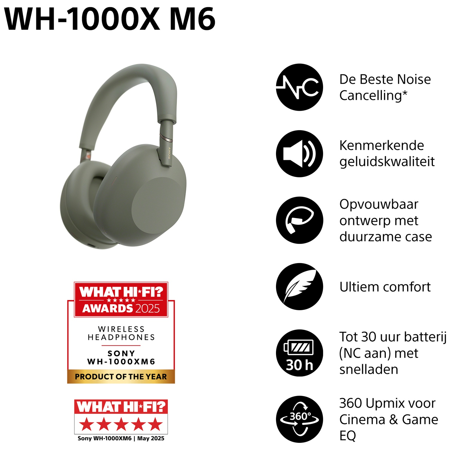 SONY WH-1000XM6 Olive Grey Over-ear Draadloze hoofdtelefoon Met Noise-cancelling
