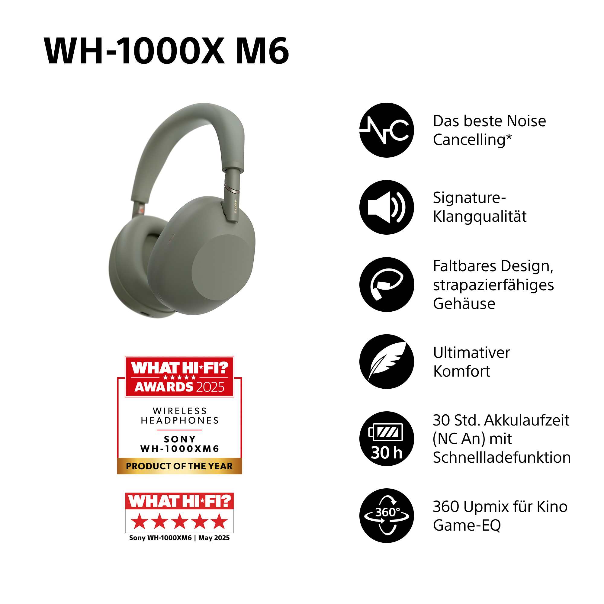 Sony WH-1000X M6 Kopfhörer in Olivgrün mit Features und Auszeichnungen.