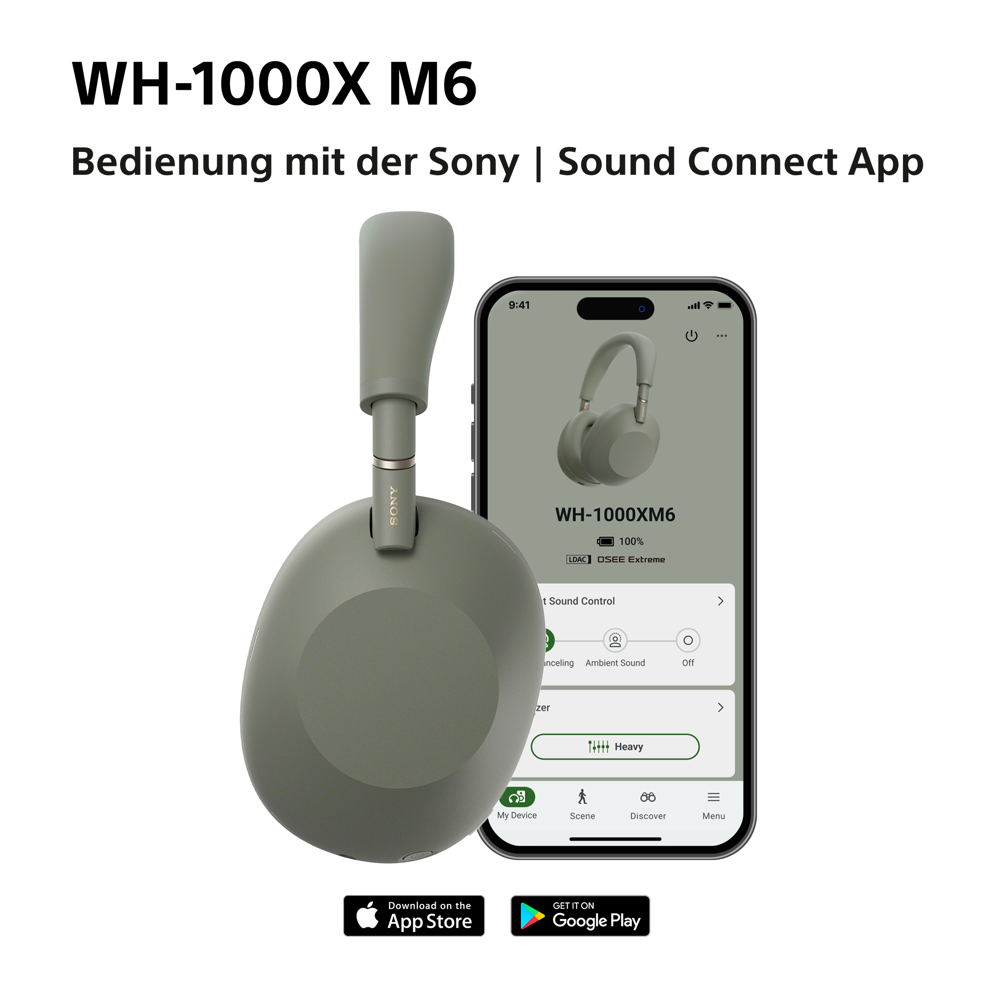 Grüne WH-1000XM6 Kopfhörer neben einem Smartphone, das die Sony Sound Connect App anzeigt.