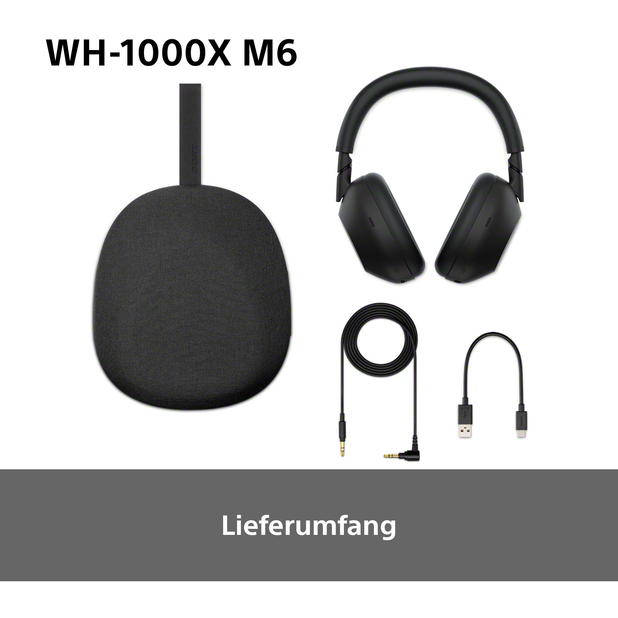 WH-1000X M6 Kopfhörer mit Etui und Kabeln auf weißem Hintergrund.