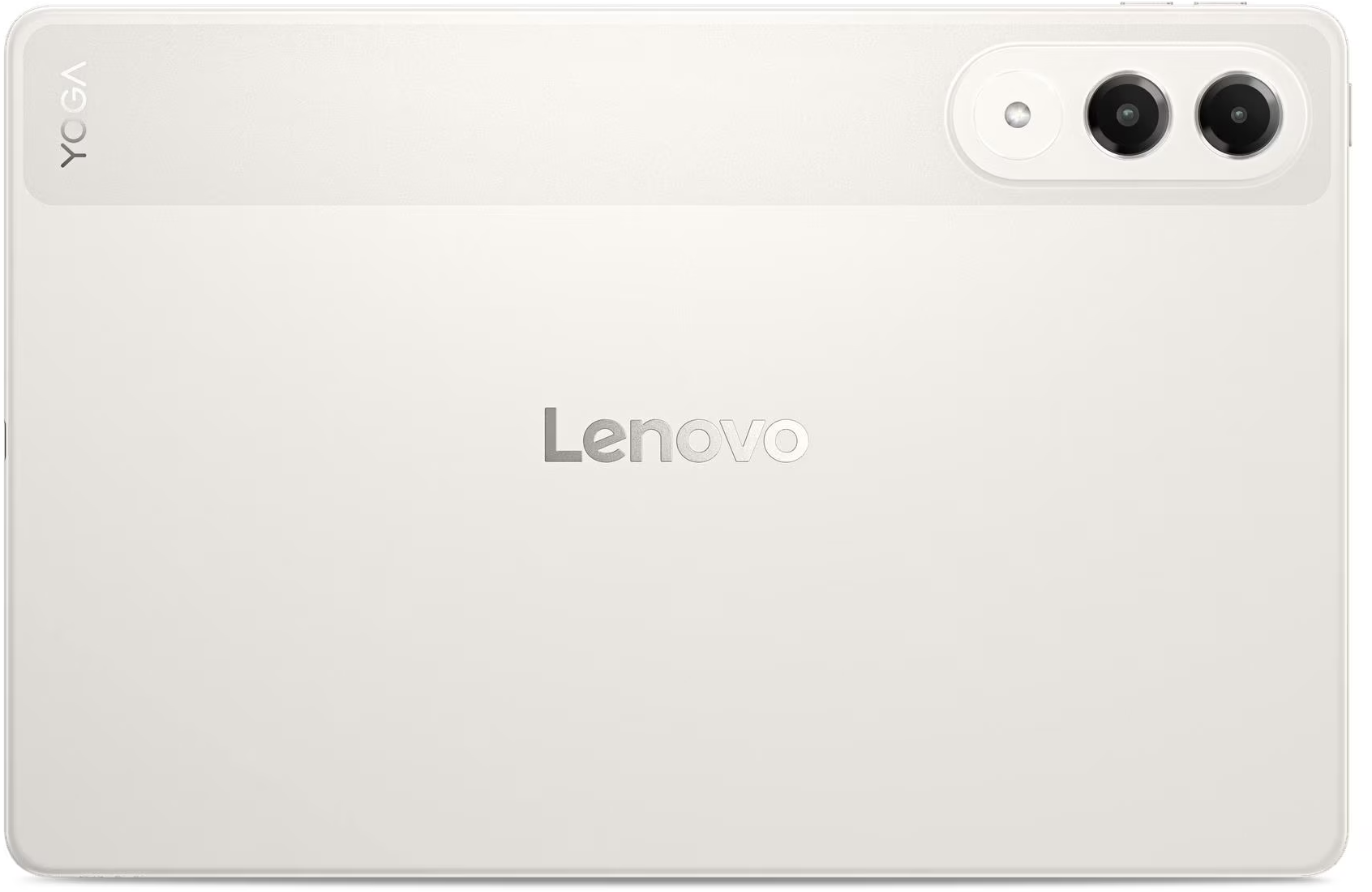 Egy fehér Lenovo Yoga táblagép hátlapja kétkamerás modullal és a Lenovo logóval.