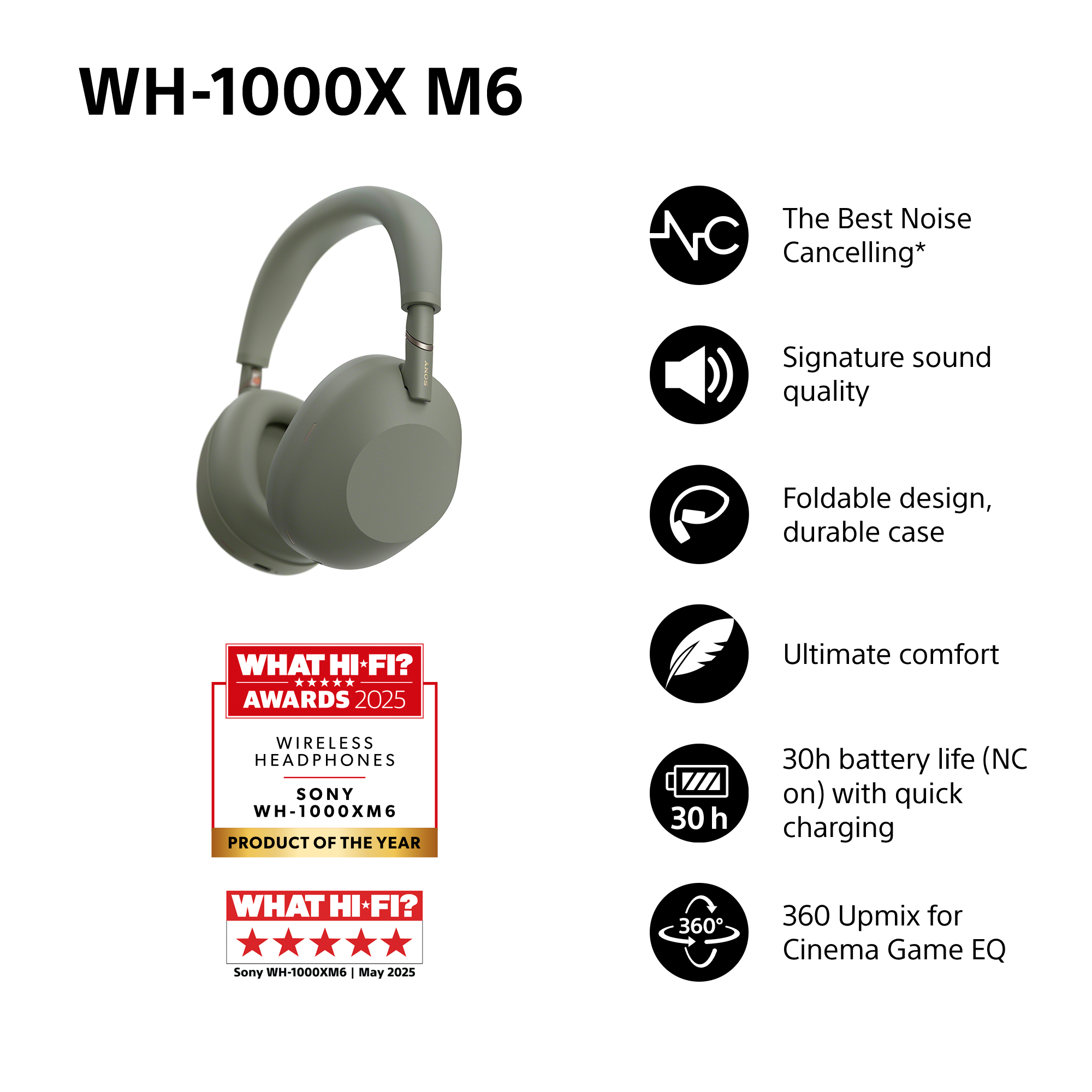 SONY WH-1000X M6, Over-ear Cuffie con tecnologia di cancellazione del rumore Bluetooth (Piegabile) Olive Gray
