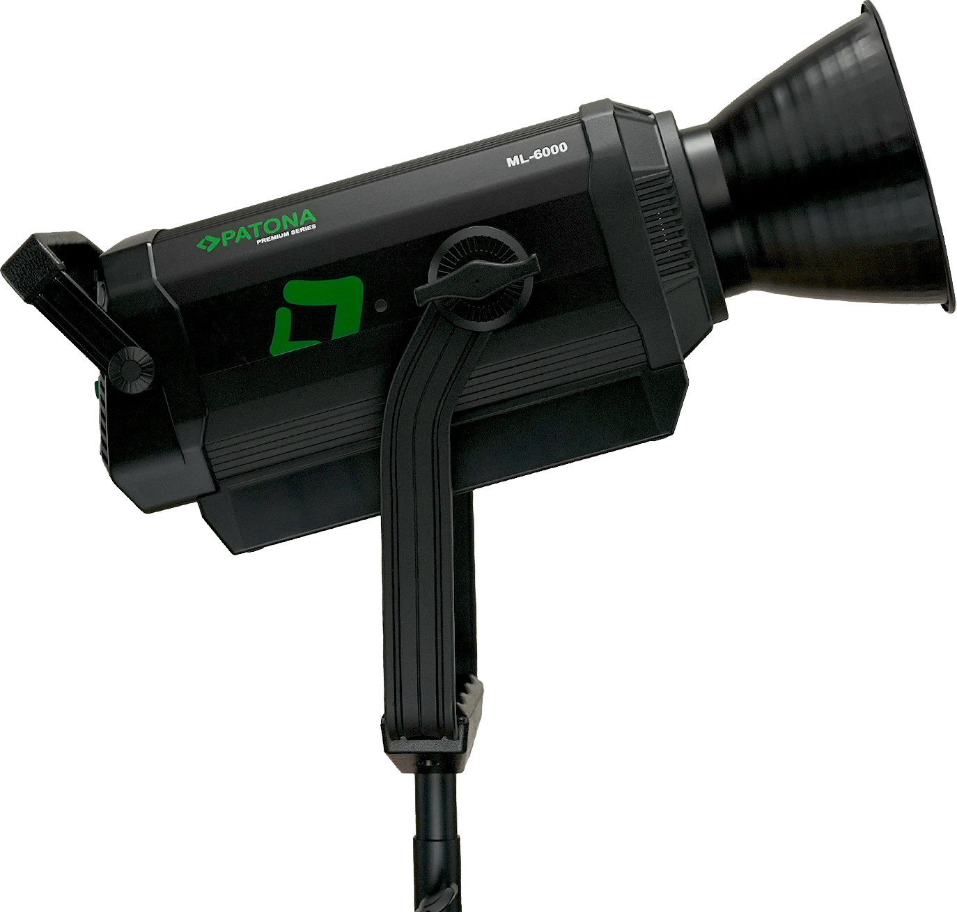Luce da studio LED Patona ML-6000 nera montata su supporto con riflettore conico.