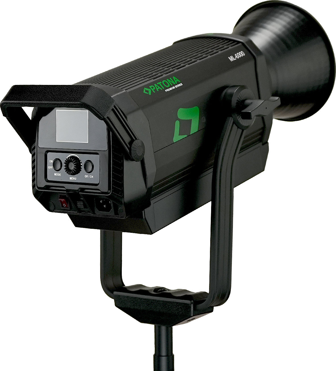 Faretto LED nero Patona ML-6000 con display e supporto su stativo.