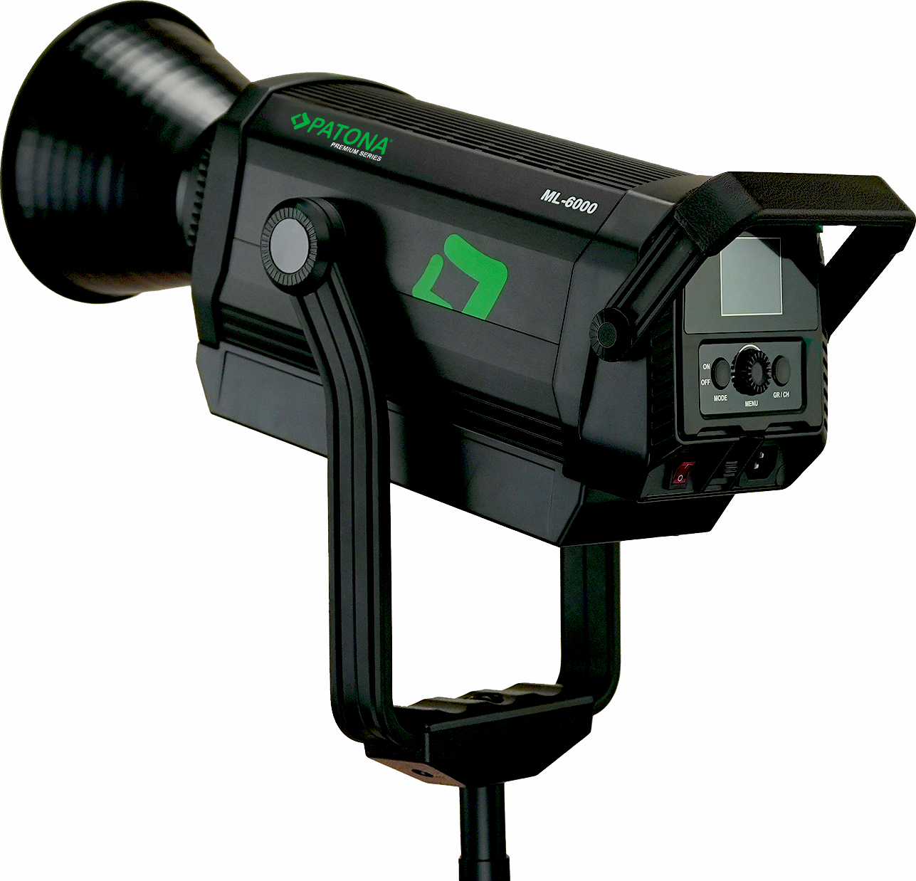 Luce LED da studio nera Patona ML-6000 montata su supporto con logo verde.