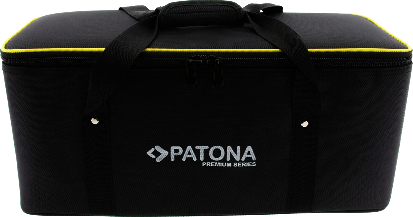 Borsa da trasporto nera Patona Premium Series con profilo giallo su sfondo bianco.