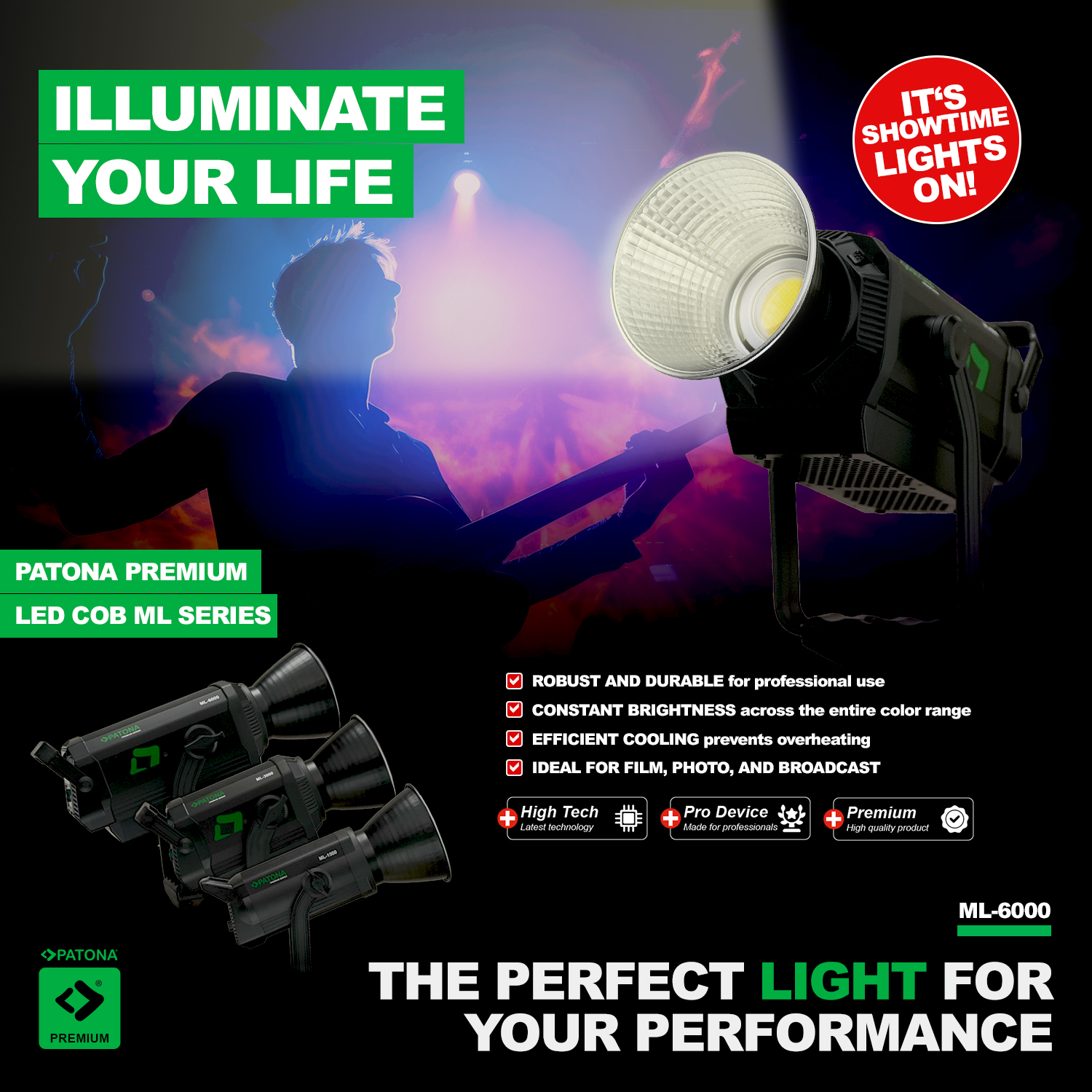 Pubblicità luce da studio Patona LED COB ML-6000 con sfondo concerto e elenco caratteristiche.