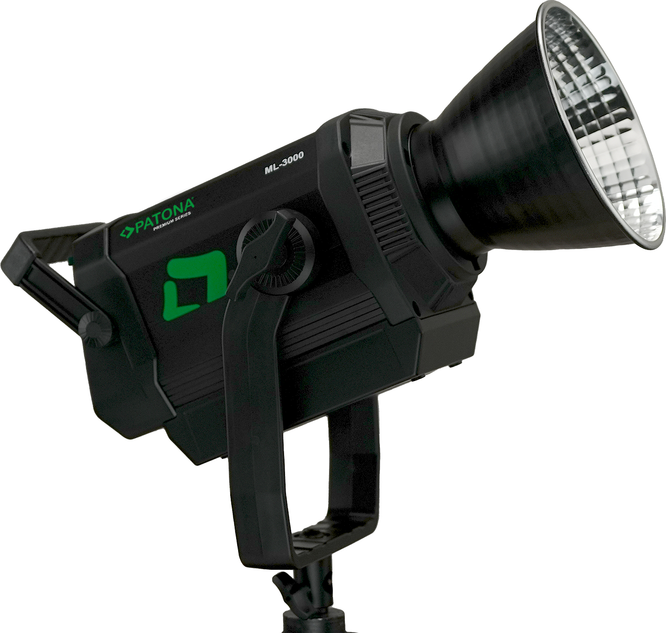 Luce da studio nera Patona ML-3000 con riflettore montato su supporto su sfondo bianco.