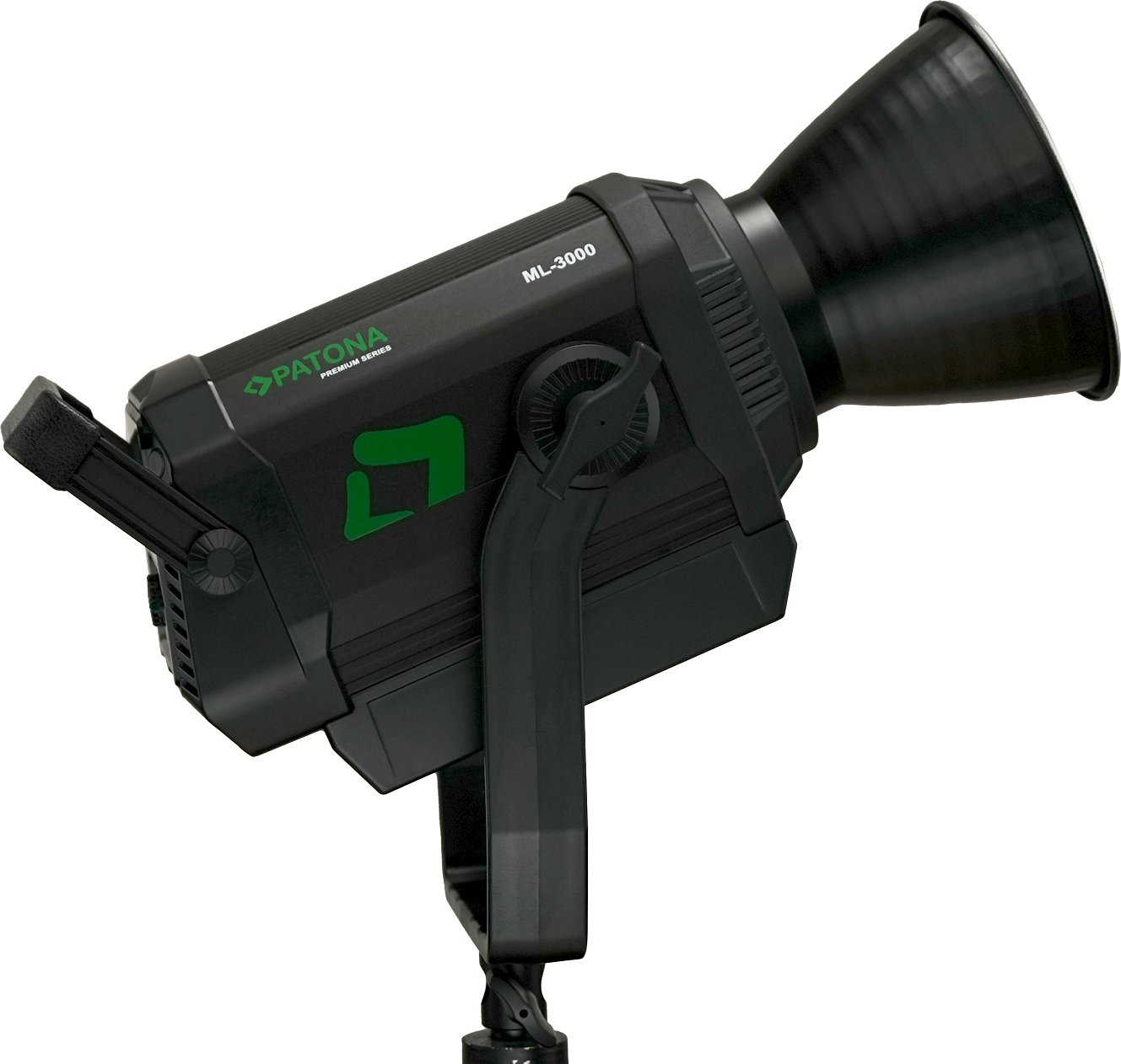 Luce da studio LED Patona ML-3000 nera con logo verde su supporto.