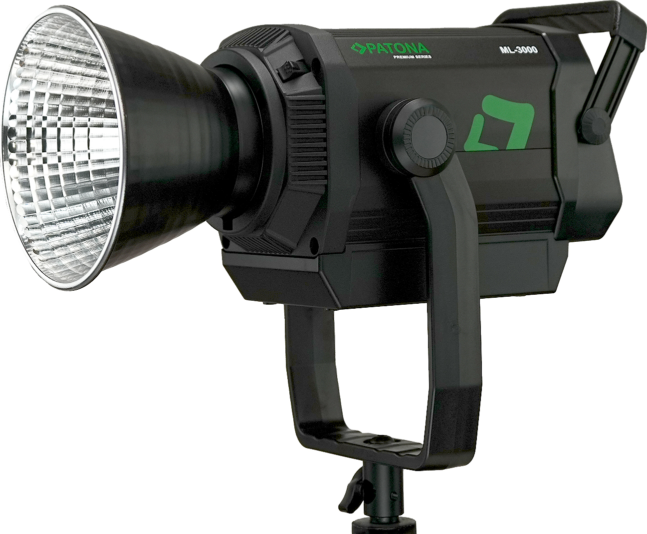 Faretto LED Patona ML-3000 nero con riflettore su supporto su sfondo bianco.