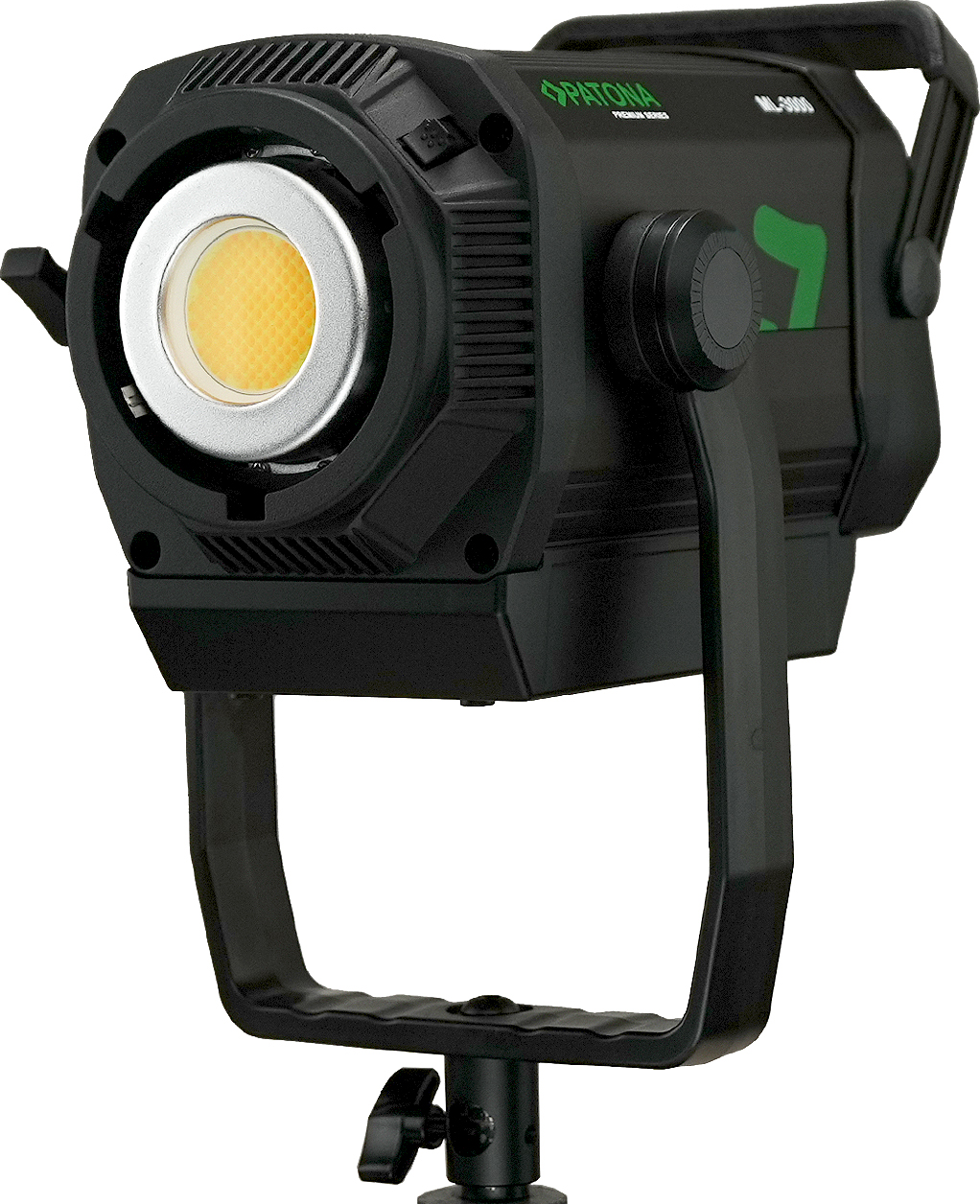 Una luce video da studio Patona nera con una lampadina LED gialla brillante montata su supporto regolabile su sfondo bianco.
