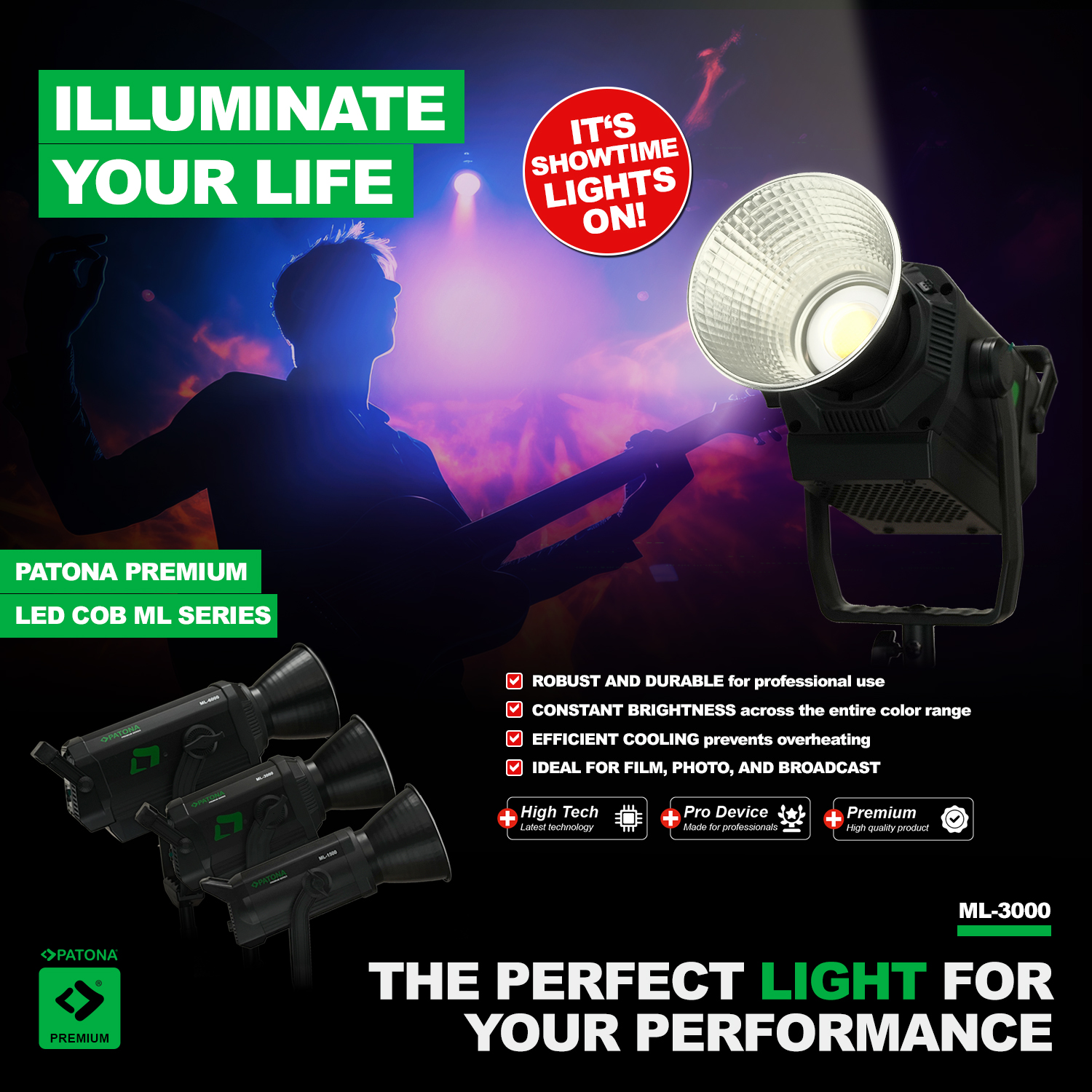 Luce da studio Patona LED COB ML-3000 con testo su sfondo scuro e silhouette di chitarrista.